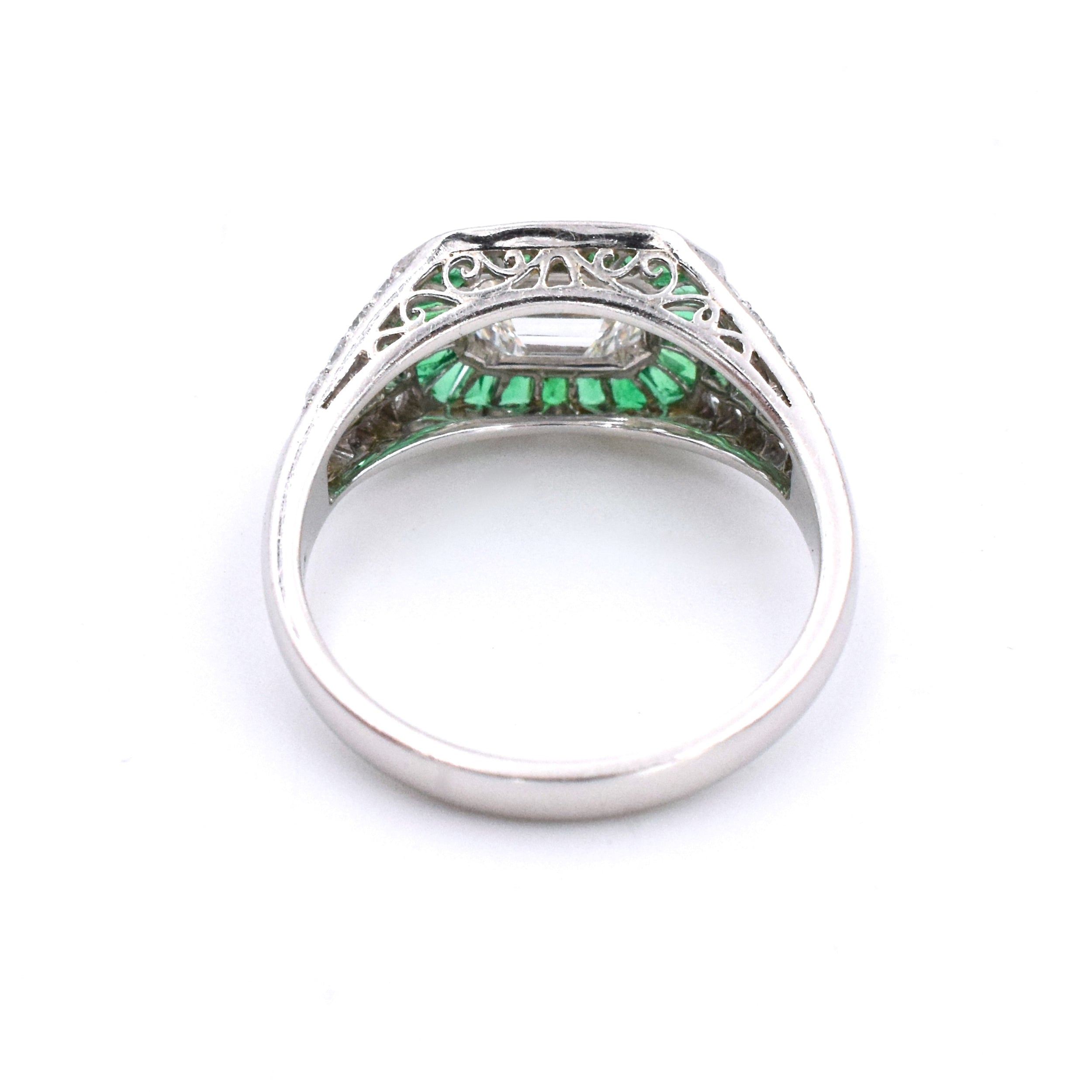 Art Deco Style Diamond & Emerald Engagement Ring in Platinum