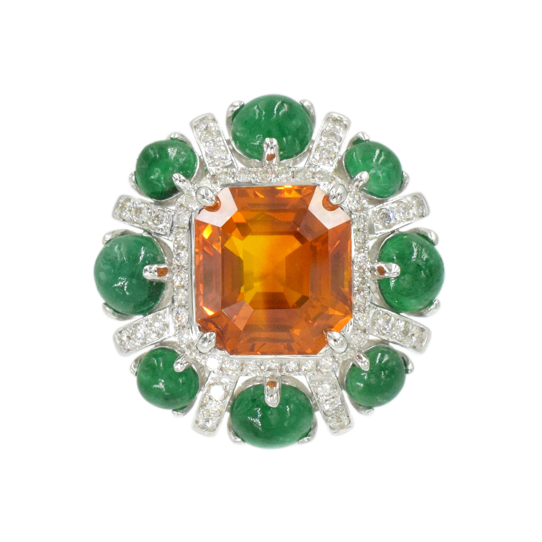 Orange Sapphire, Emerald & Diamond Ring