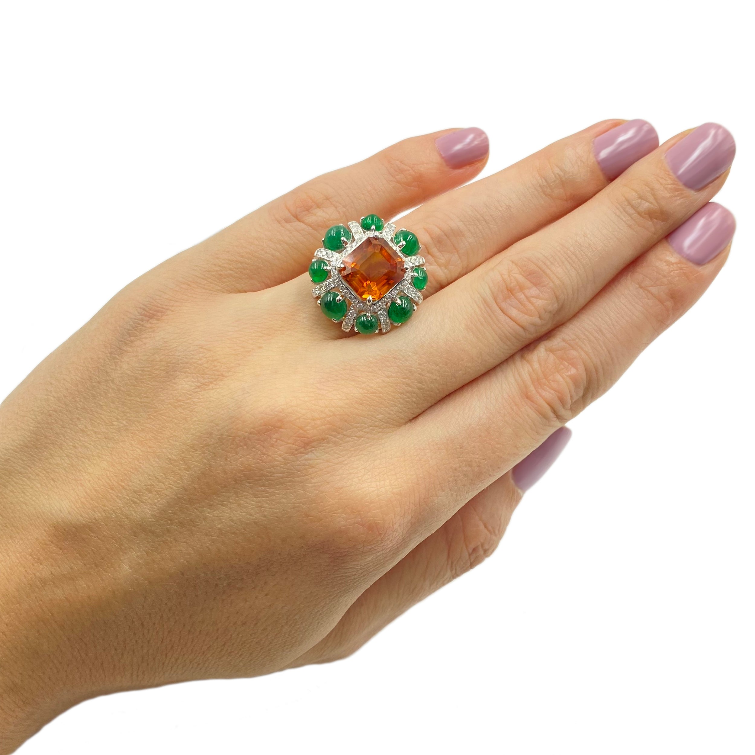 Orange Sapphire, Emerald & Diamond Ring