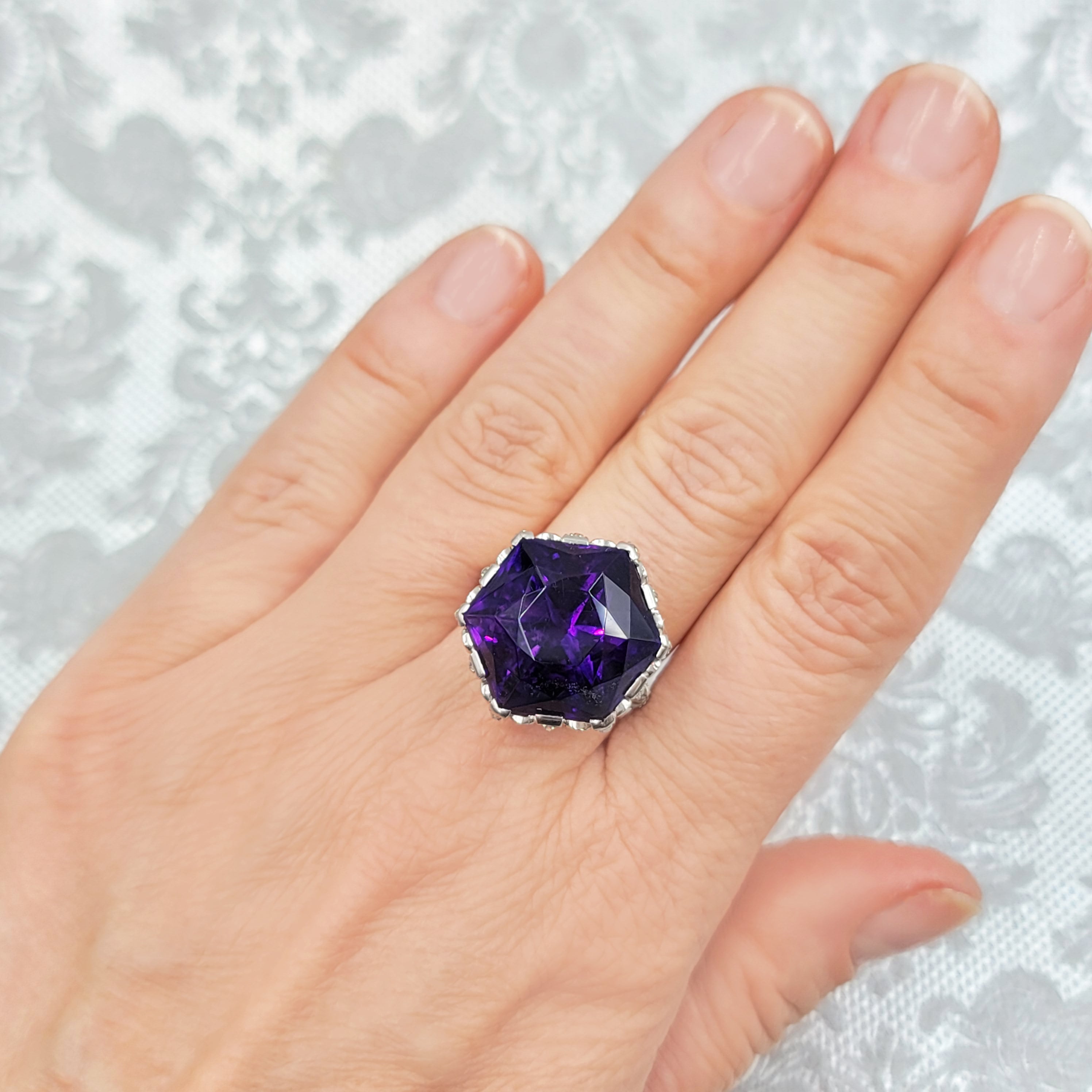 Antique 26.60ct Amethyst & Diamond Ring