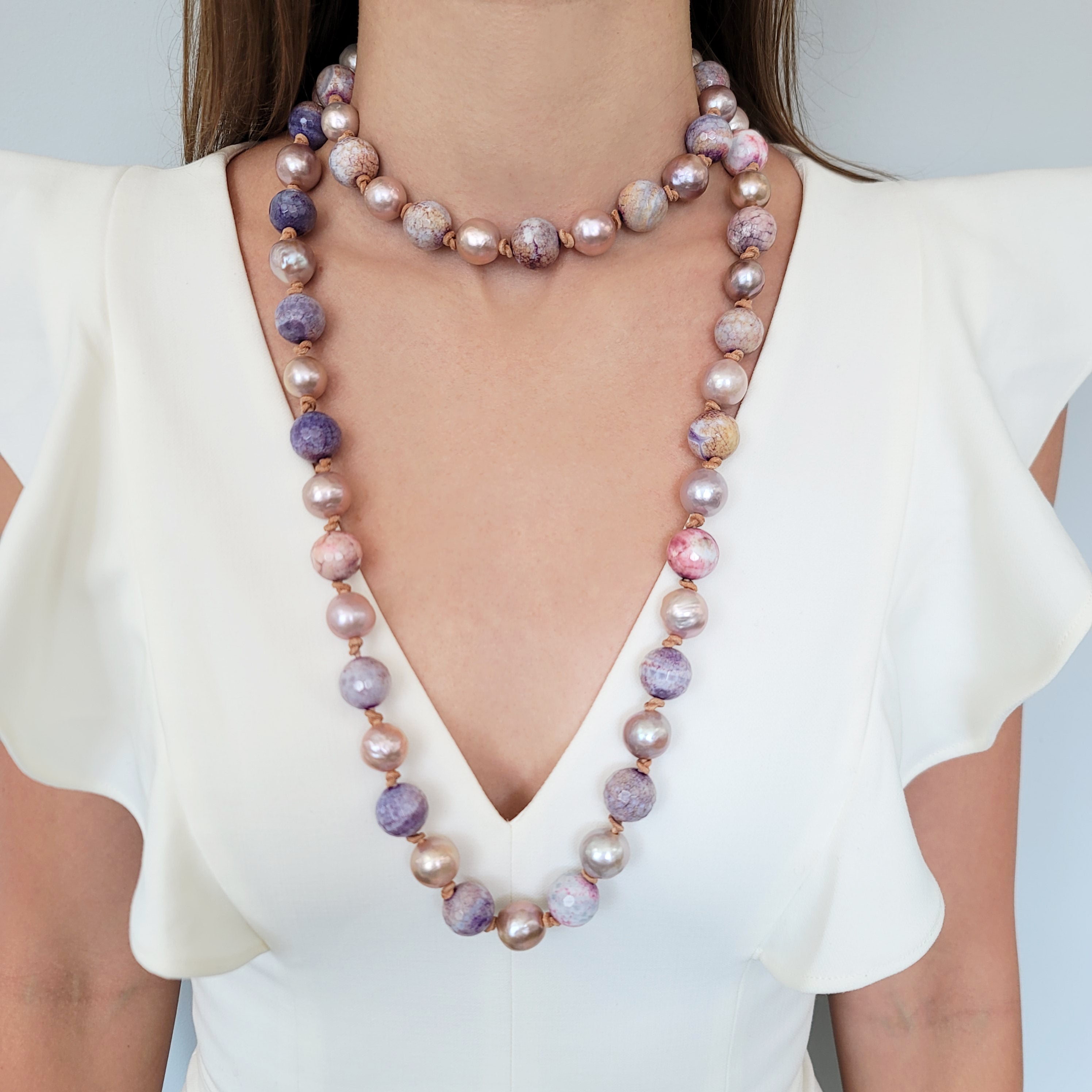 Purple & Pink Agate Bead & Pearl Necklace