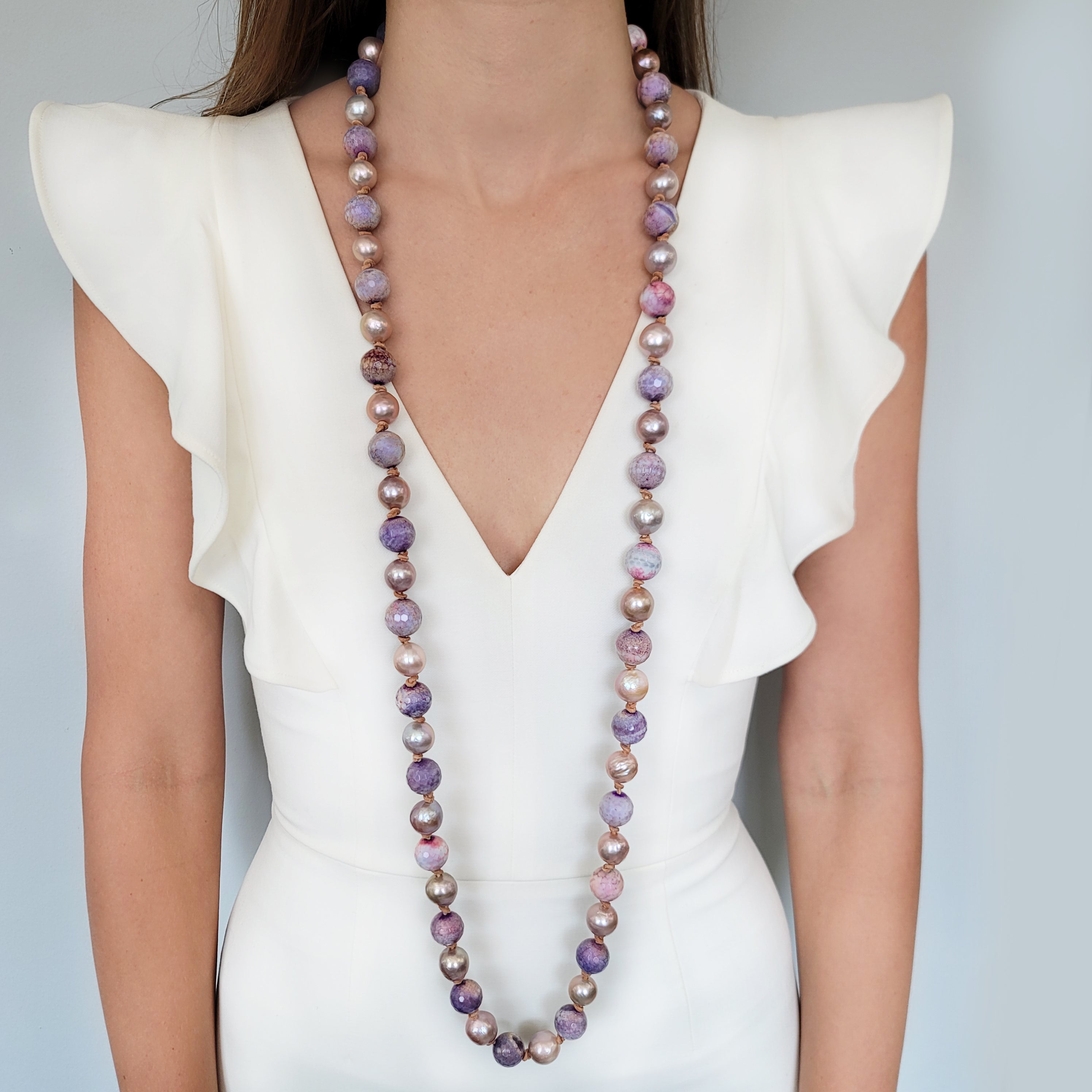 Purple & Pink Agate Bead & Pearl Necklace