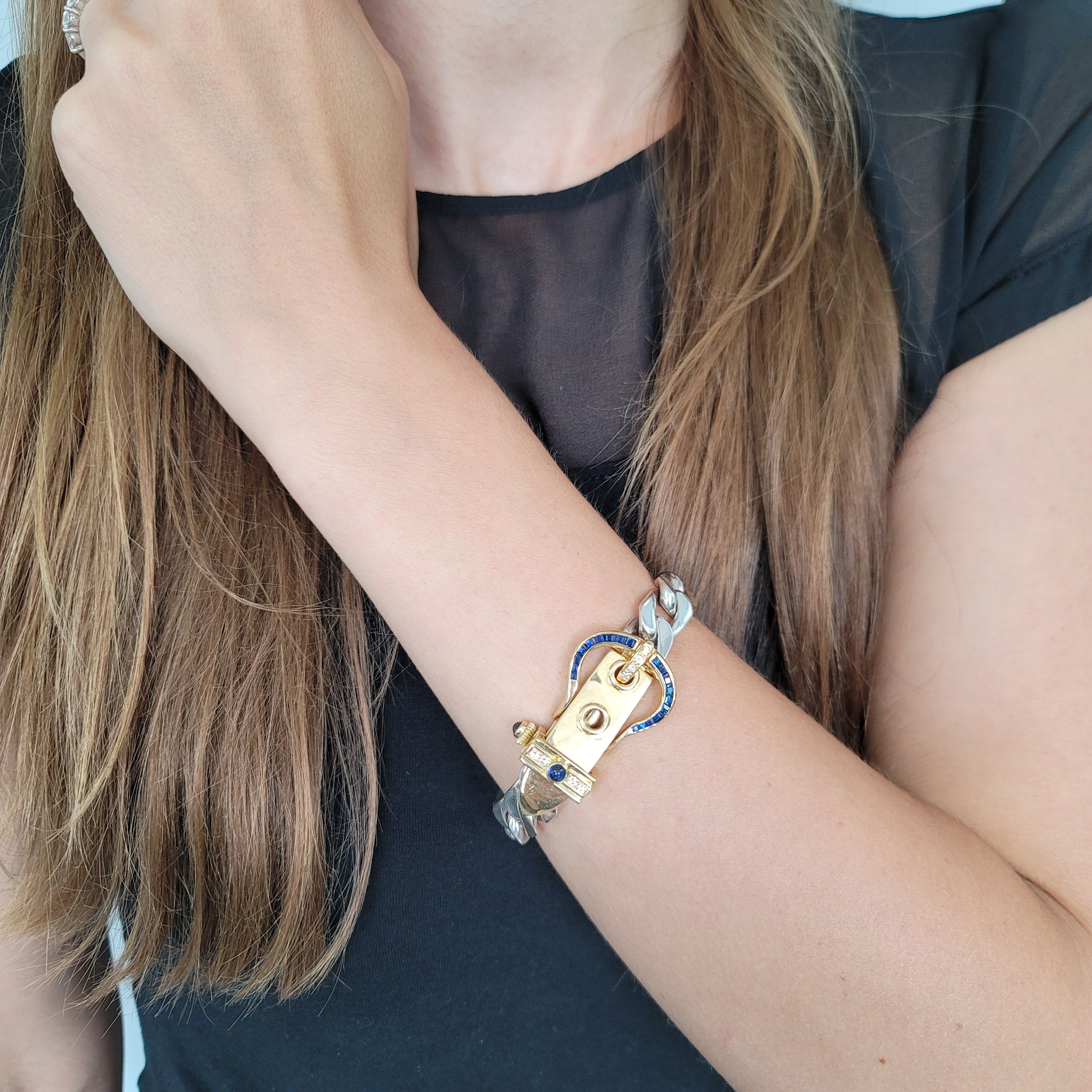 Sapphire & Diamond Belt Buckle Bracelet in 18k Yellow Gold & Silver