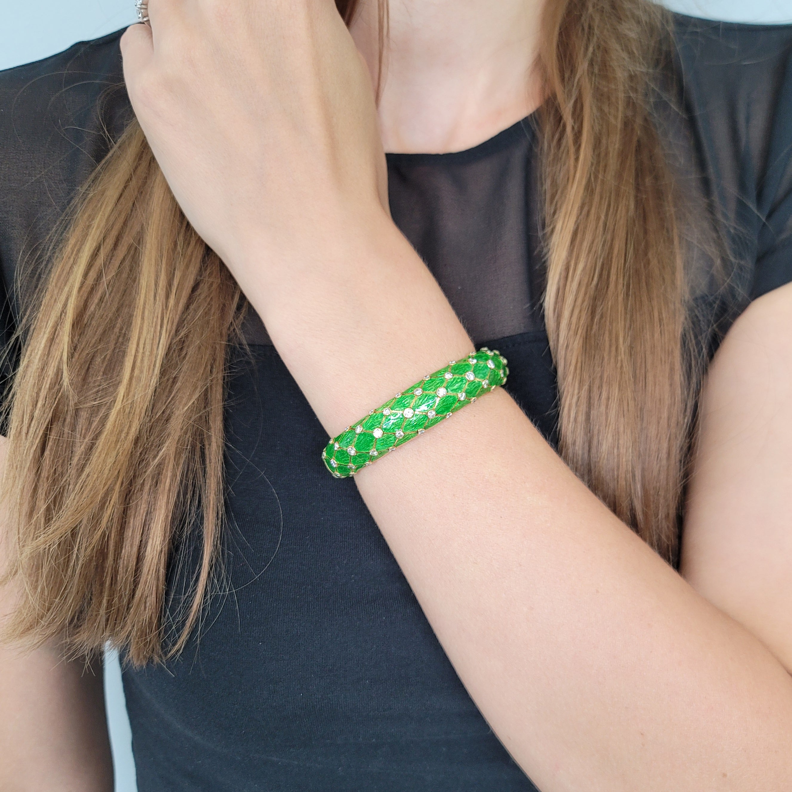 Tiffany & Co. Green Enamel & Diamond Bangle Bracelet
