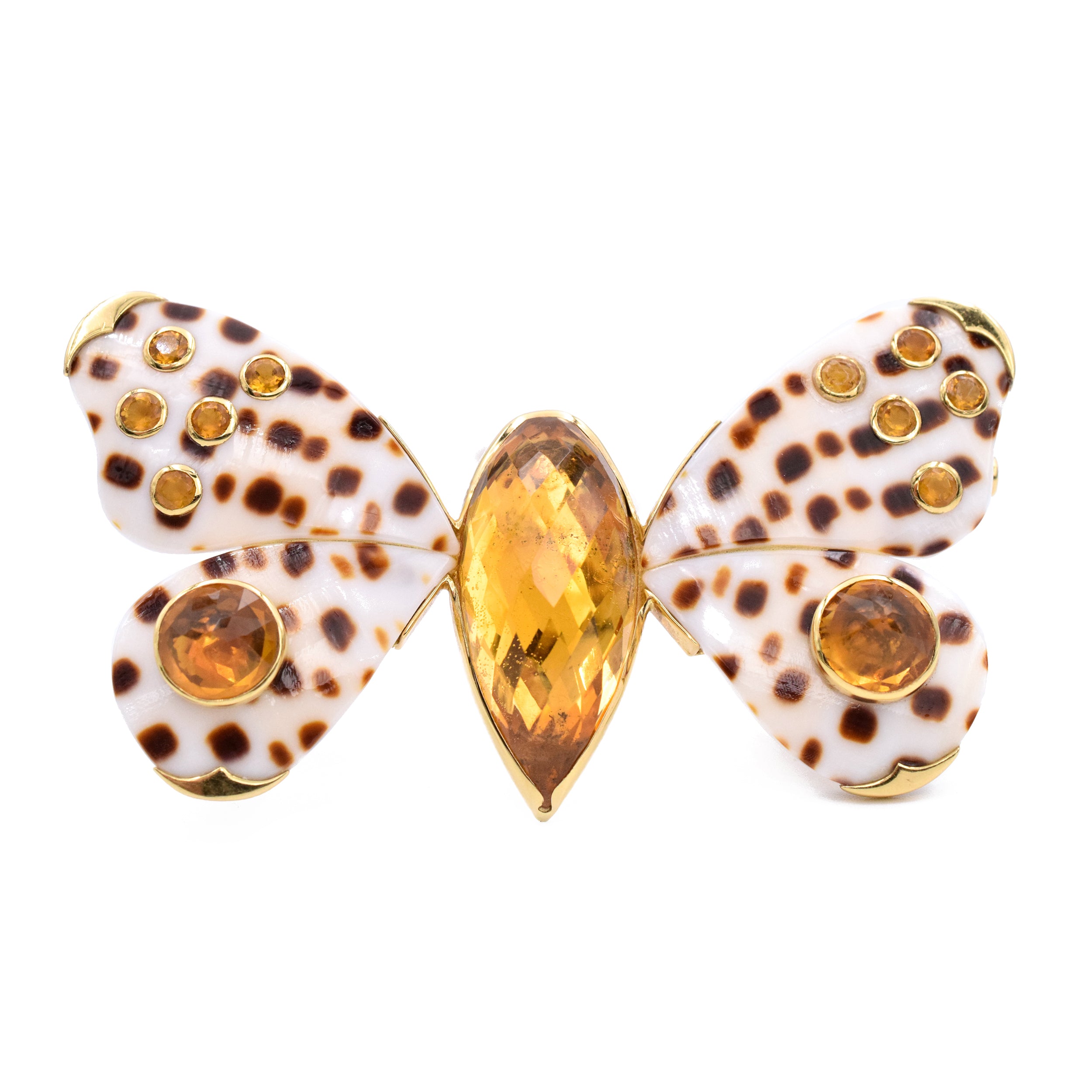 Trianon Seashell & Topaz Butterfly Brooch In 18k Yellow Gold