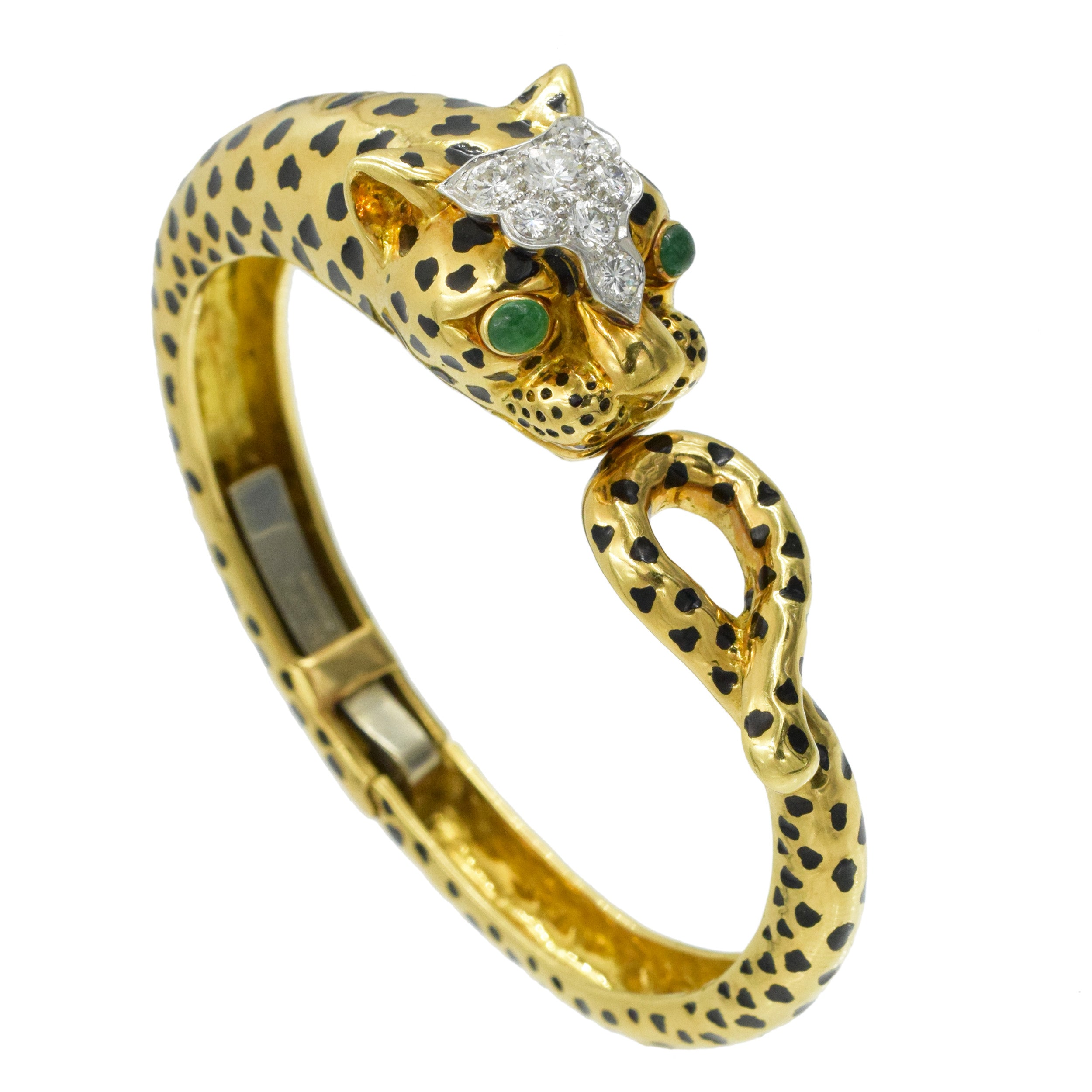 David Webb Diamond, emerald and black enamel Leopard bracelet in 18k yellow gold and platinum.&nbsp;