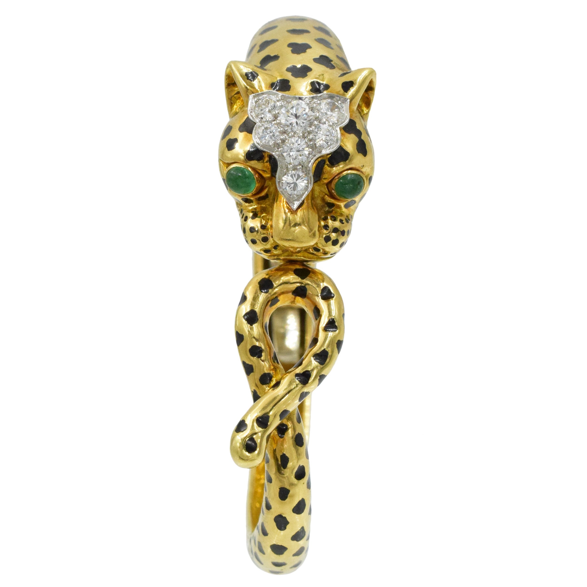 David Webb Diamond, emerald and black enamel Leopard bracelet in 18k yellow gold and platinum.&nbsp;