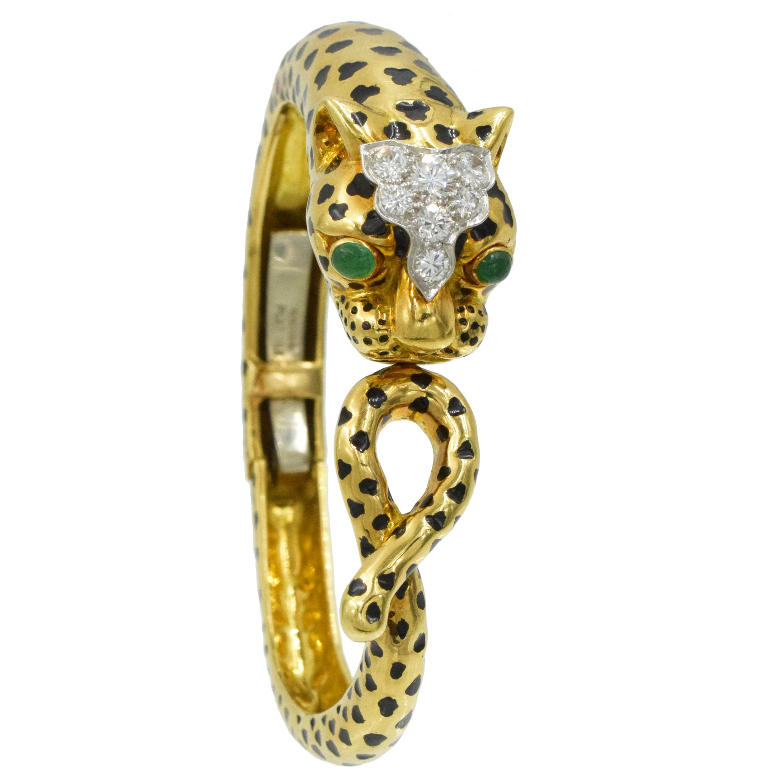 David Webb Diamond, emerald and black enamel Leopard bracelet in 18k yellow gold and platinum.&nbsp;