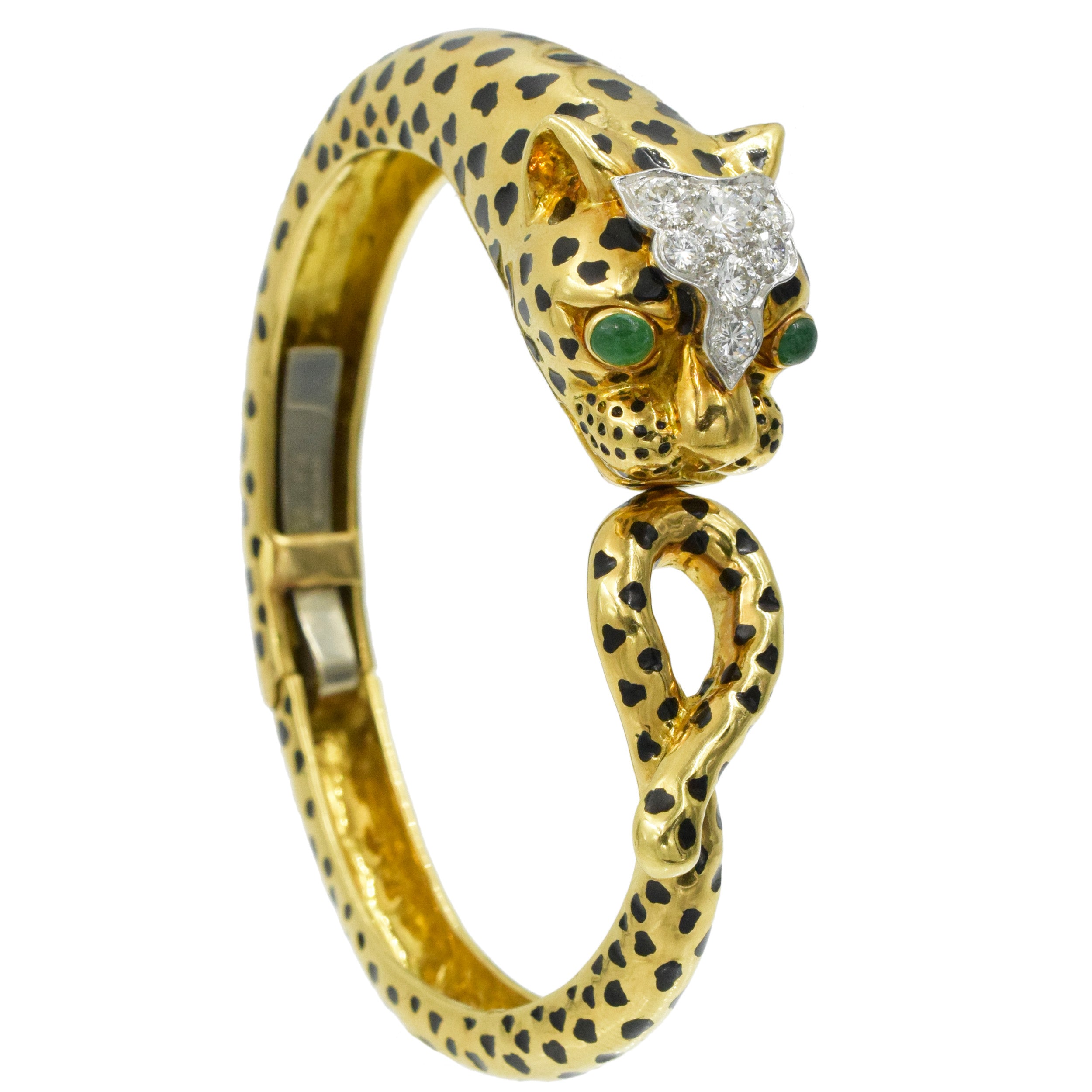 David Webb Diamond, emerald and black enamel Leopard bracelet in 18k yellow gold and platinum.&nbsp;