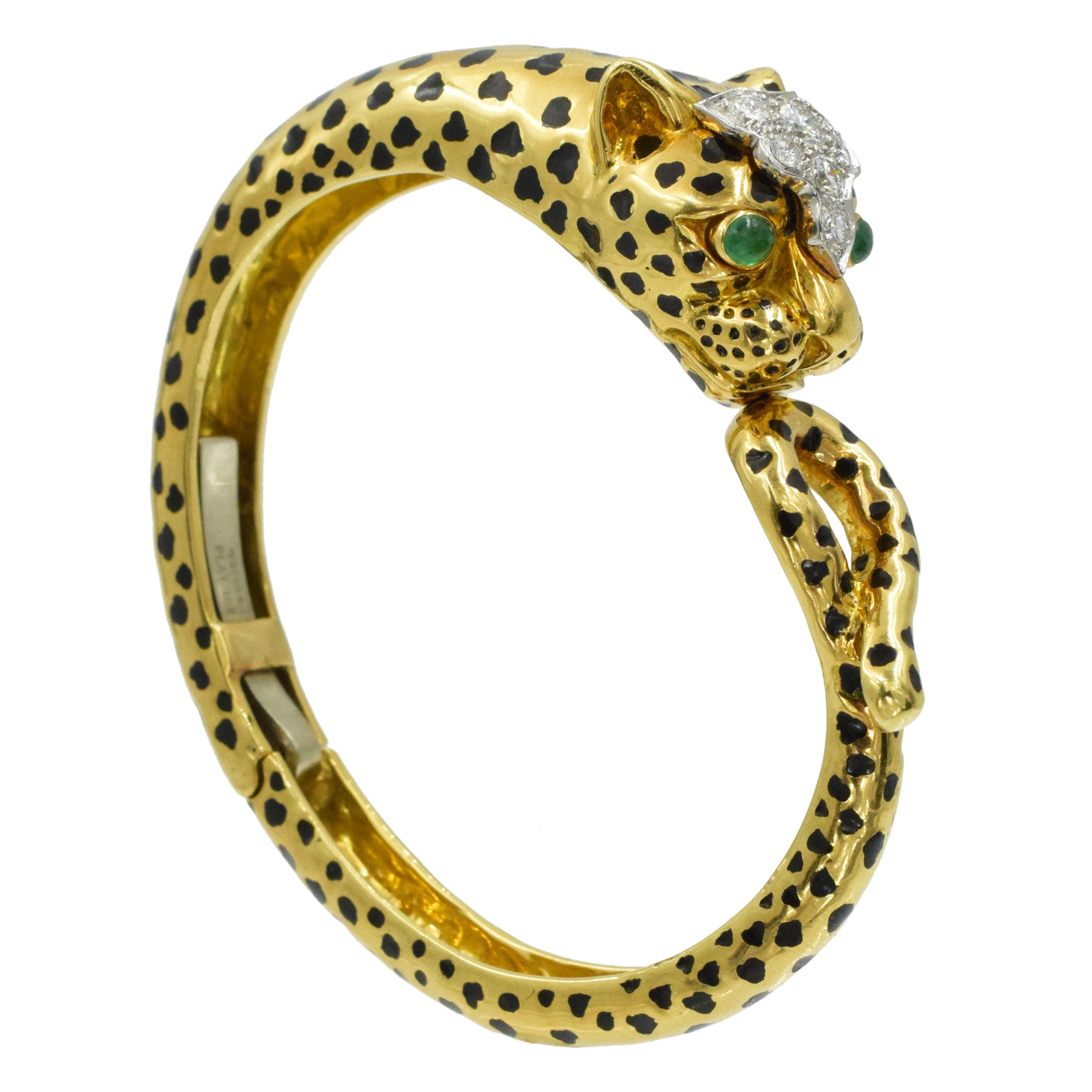 David Webb Diamond, emerald and black enamel Leopard bracelet in 18k yellow gold and platinum.&nbsp;