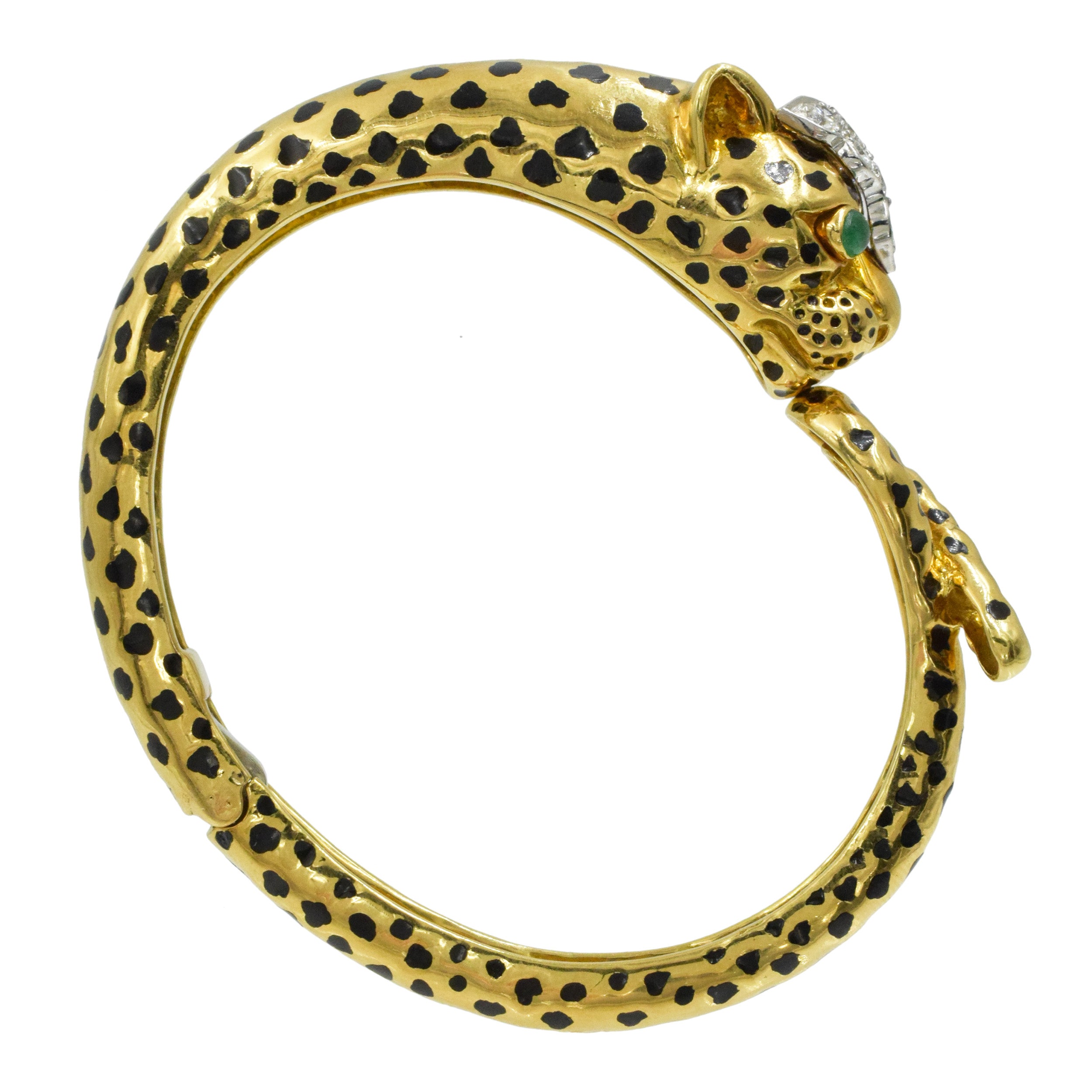 David Webb Diamond, emerald and black enamel Leopard bracelet in 18k yellow gold and platinum.&nbsp;