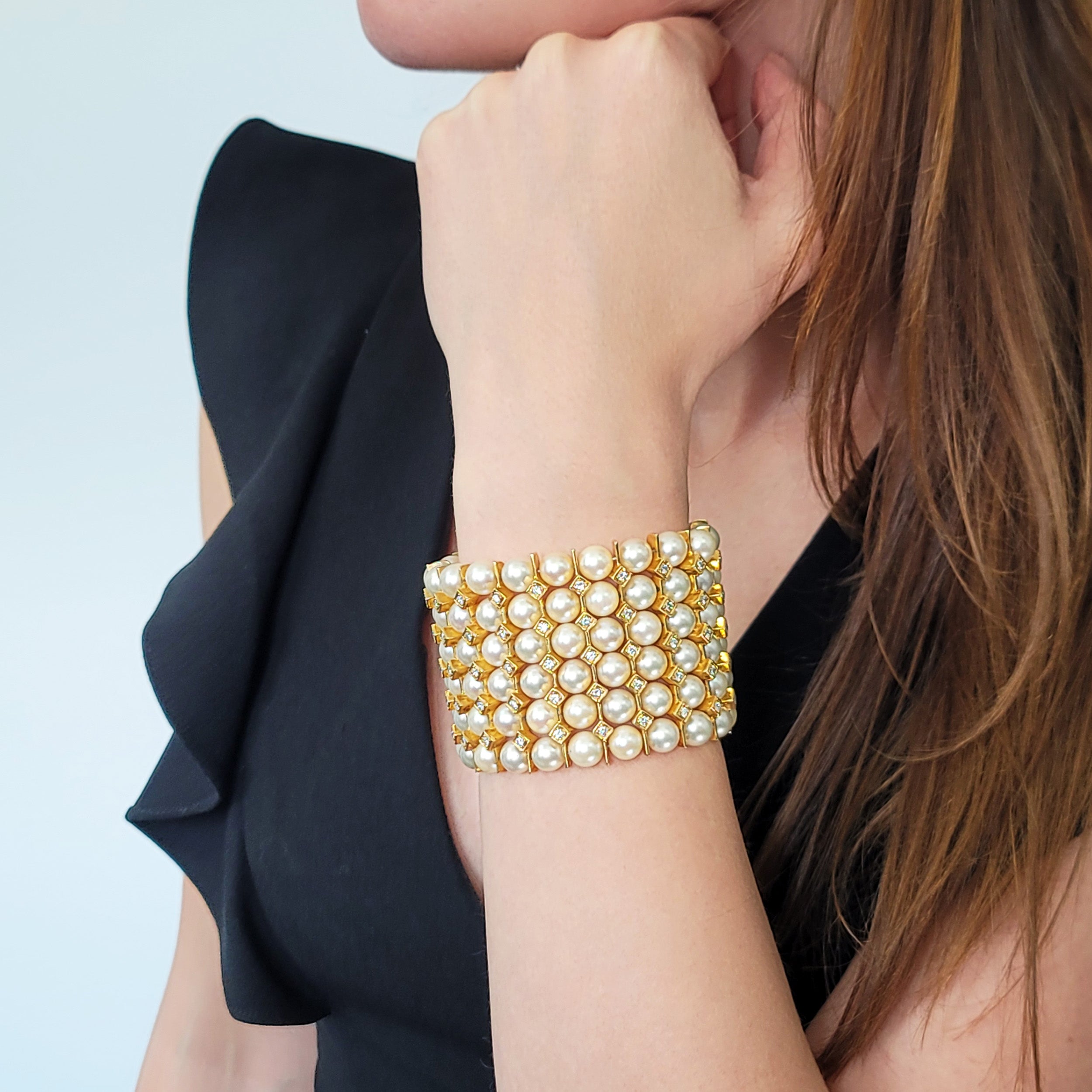 Wide Pearl And Diamond 6-Row Bracelet In 18k Gold