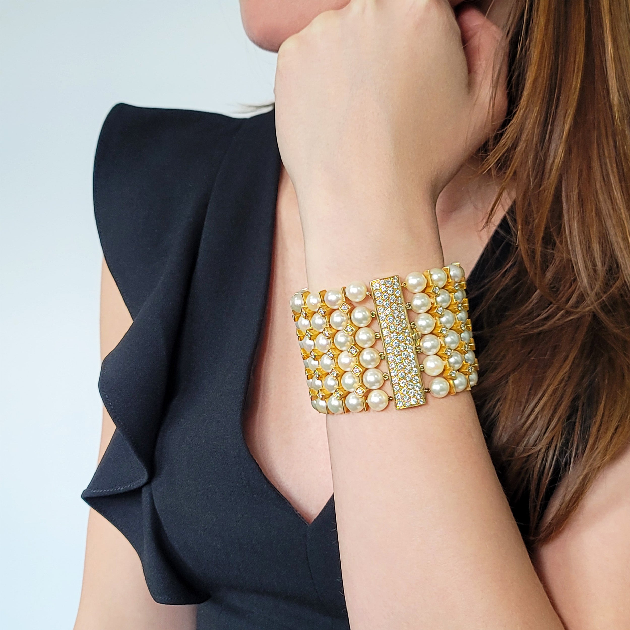 Wide Pearl And Diamond 6-Row Bracelet In 18k Gold