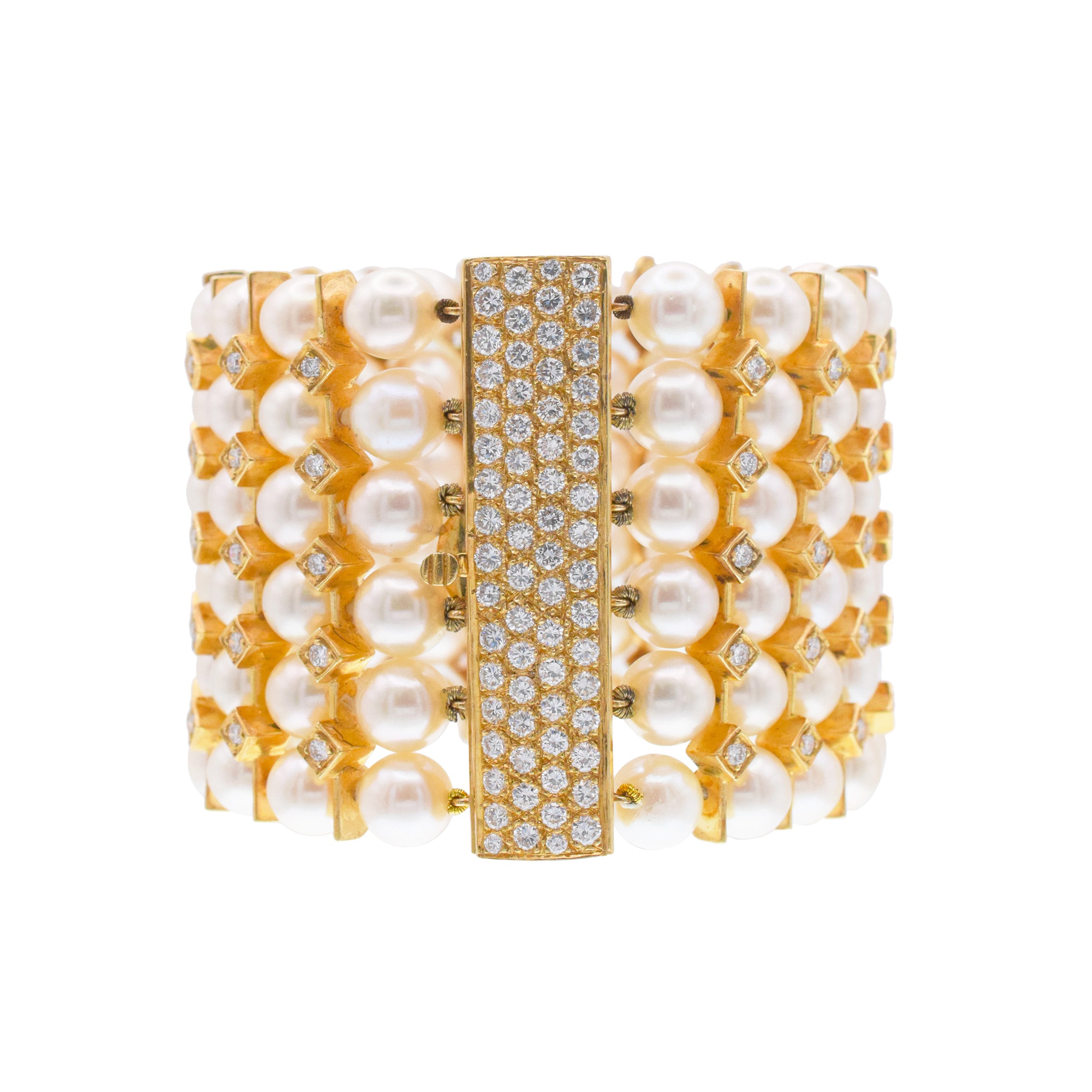 Wide Pearl And Diamond 6-Row Bracelet In 18k Gold