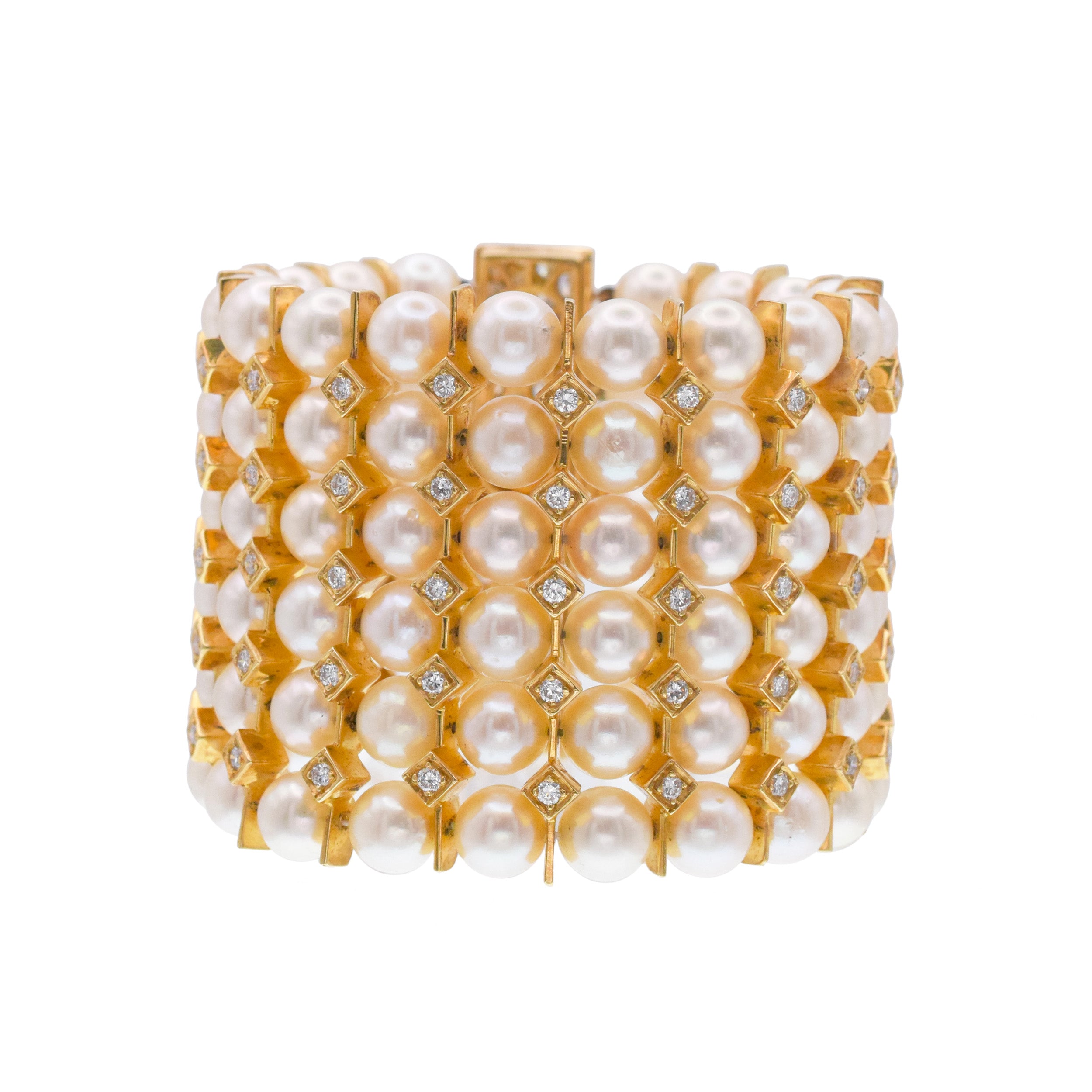Wide Pearl And Diamond 6-Row Bracelet In 18k Gold