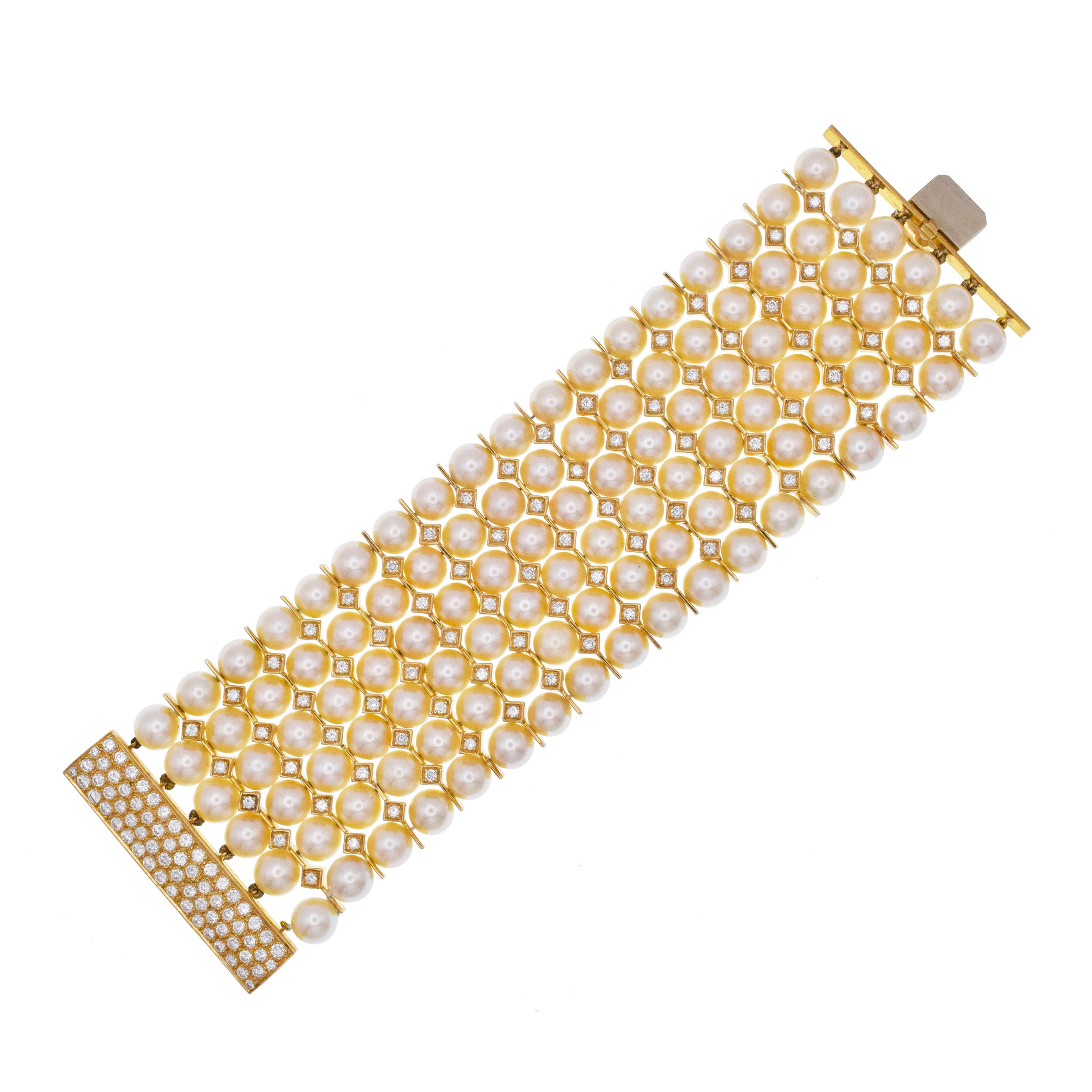 Wide Pearl And Diamond 6-Row Bracelet In 18k Gold
