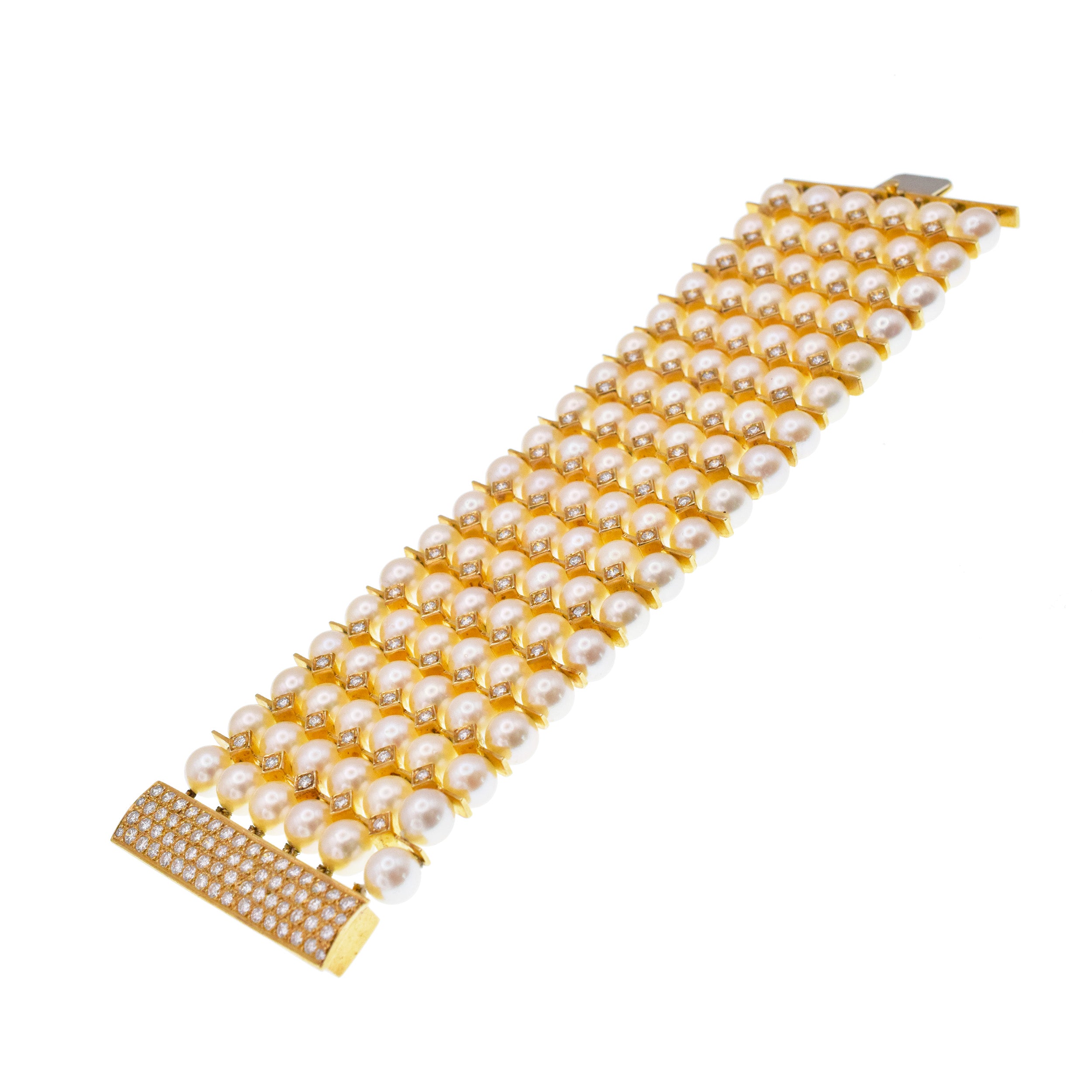 Wide Pearl And Diamond 6-Row Bracelet In 18k Gold