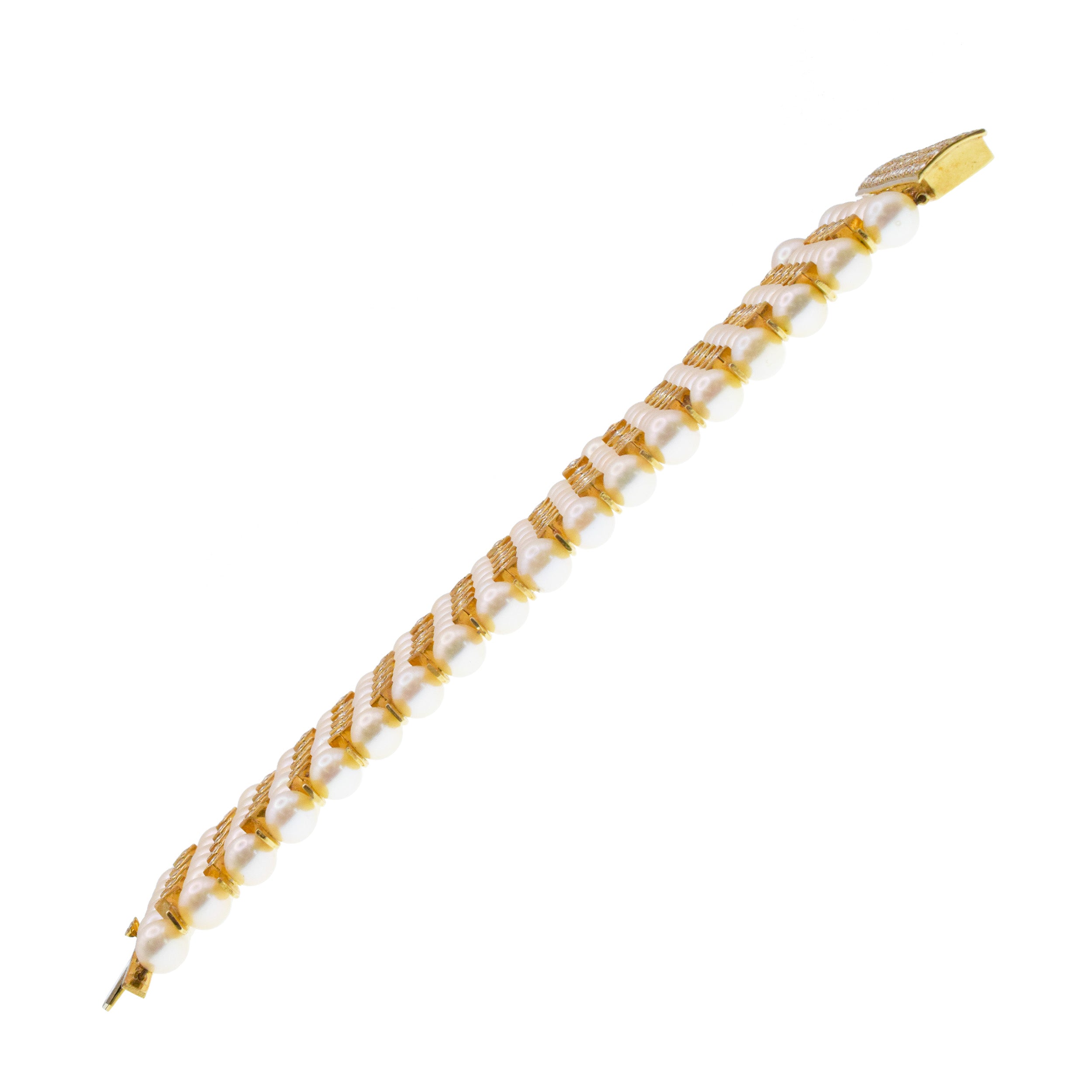 Wide Pearl And Diamond 6-Row Bracelet In 18k Gold