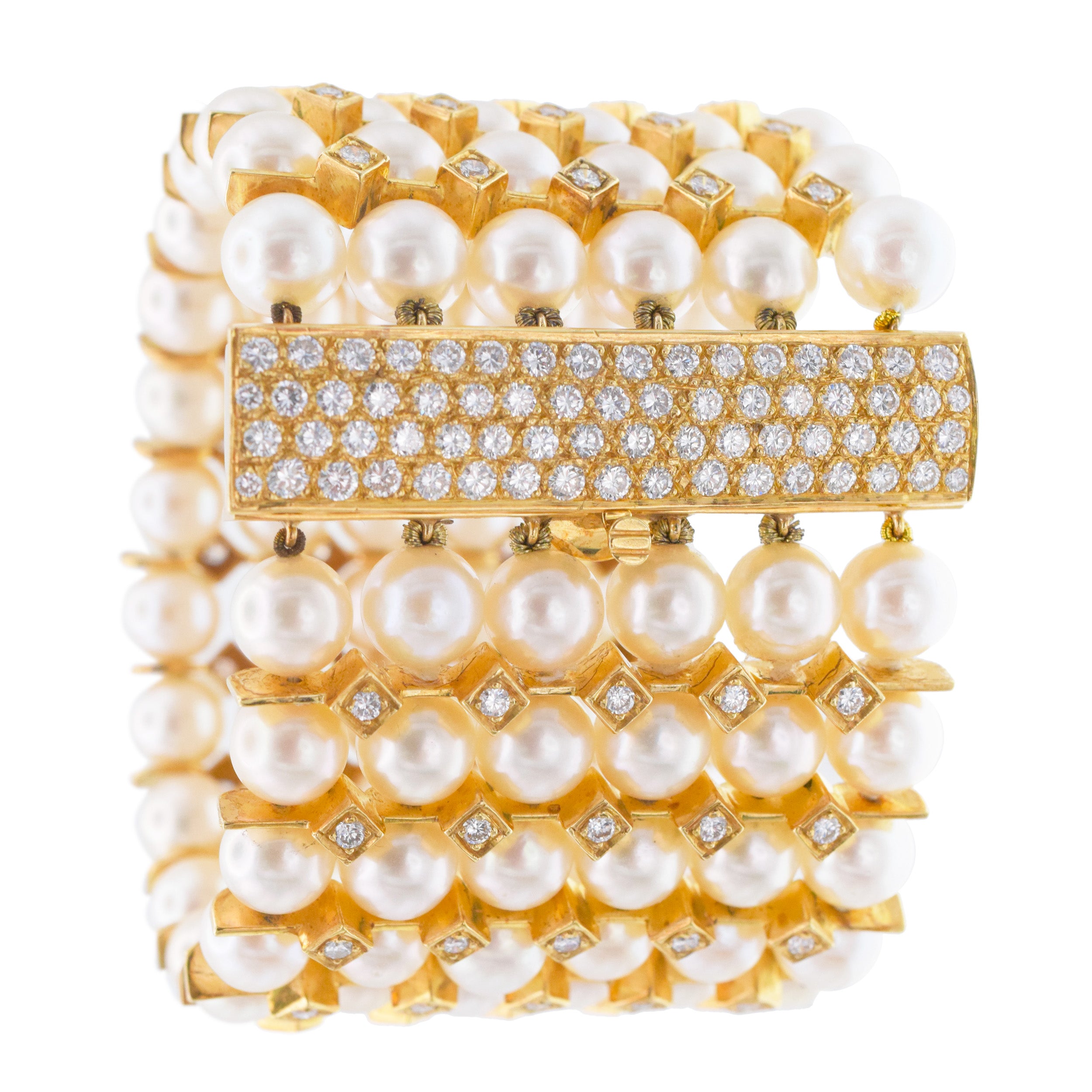 Wide Pearl And Diamond 6-Row Bracelet In 18k Gold