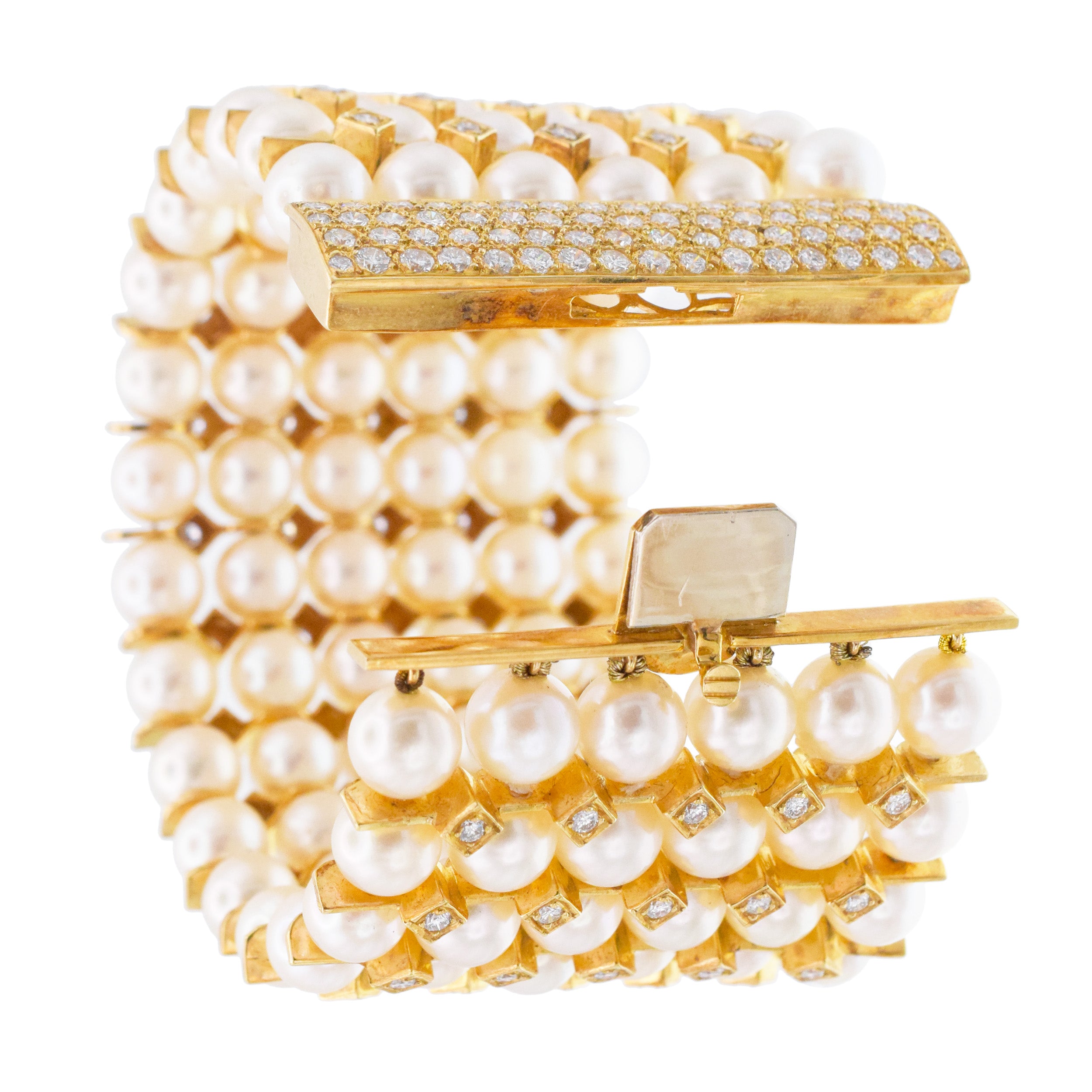 Wide Pearl And Diamond 6-Row Bracelet In 18k Gold