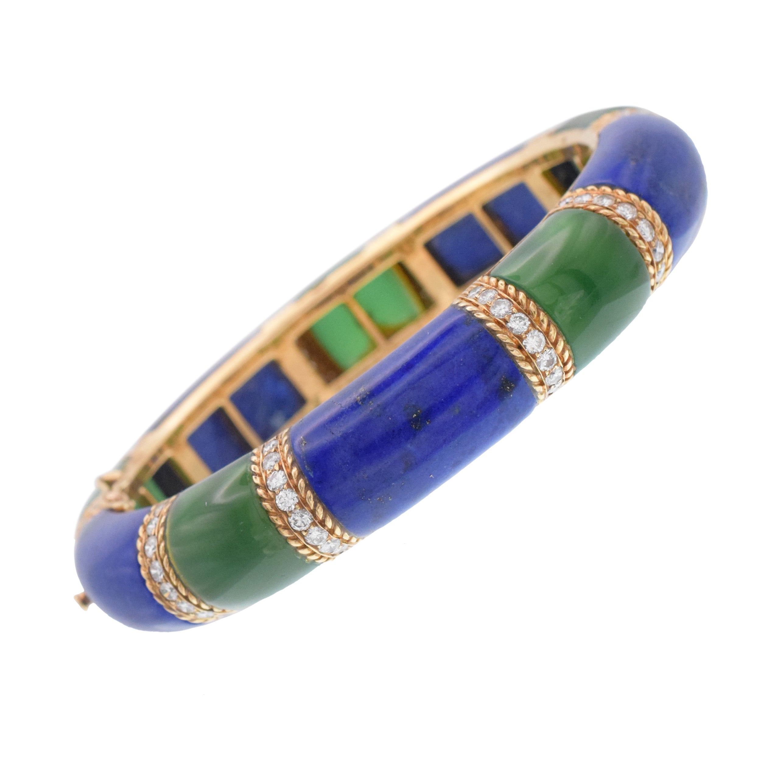 Van Cleef & Arpels Lapis Lazuli, Green Onyx & Diamond Bangle Bracelet In 18k Yellow Gold