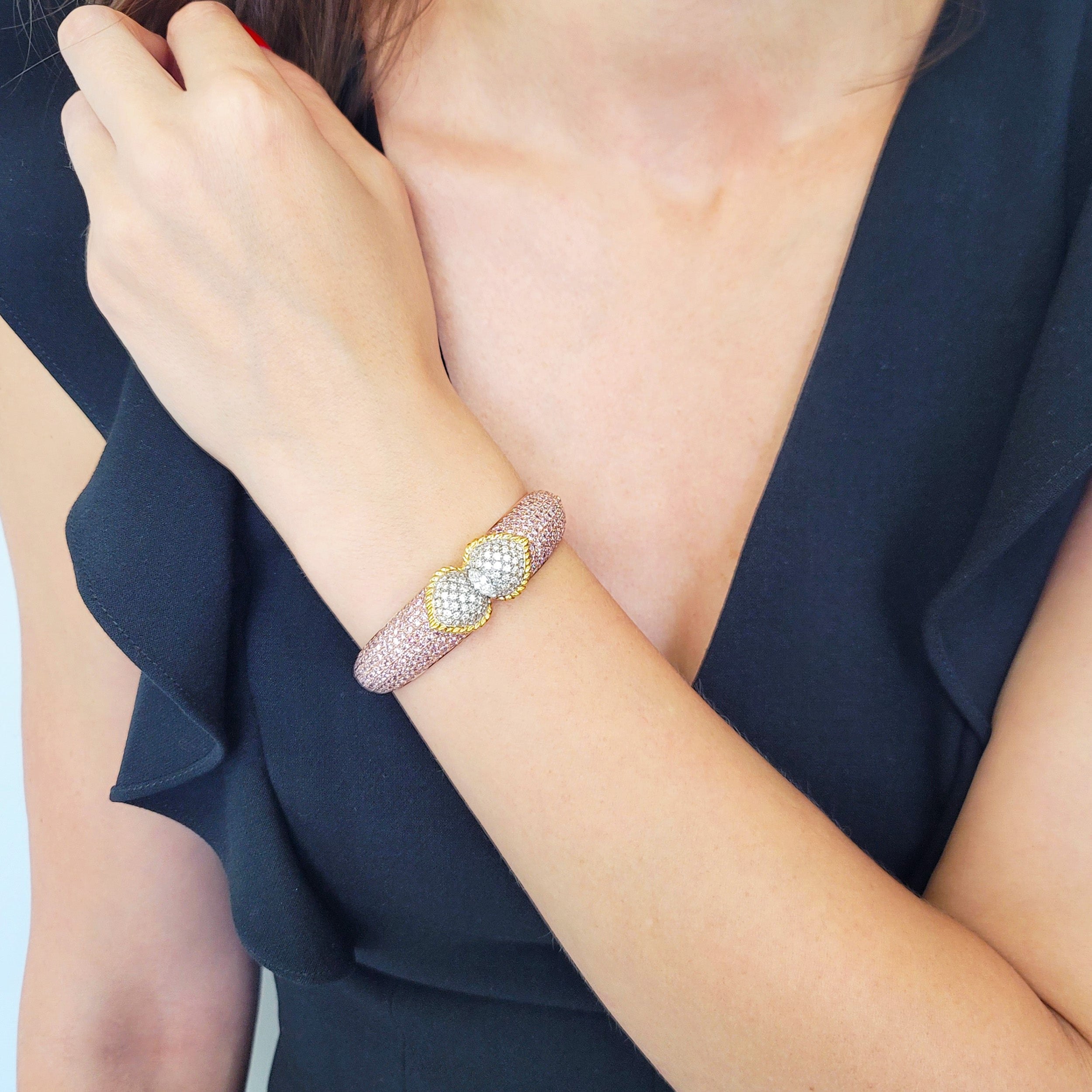 Graff Pink and White Diamond Bangle Bracelet In Tri-Tone Gold