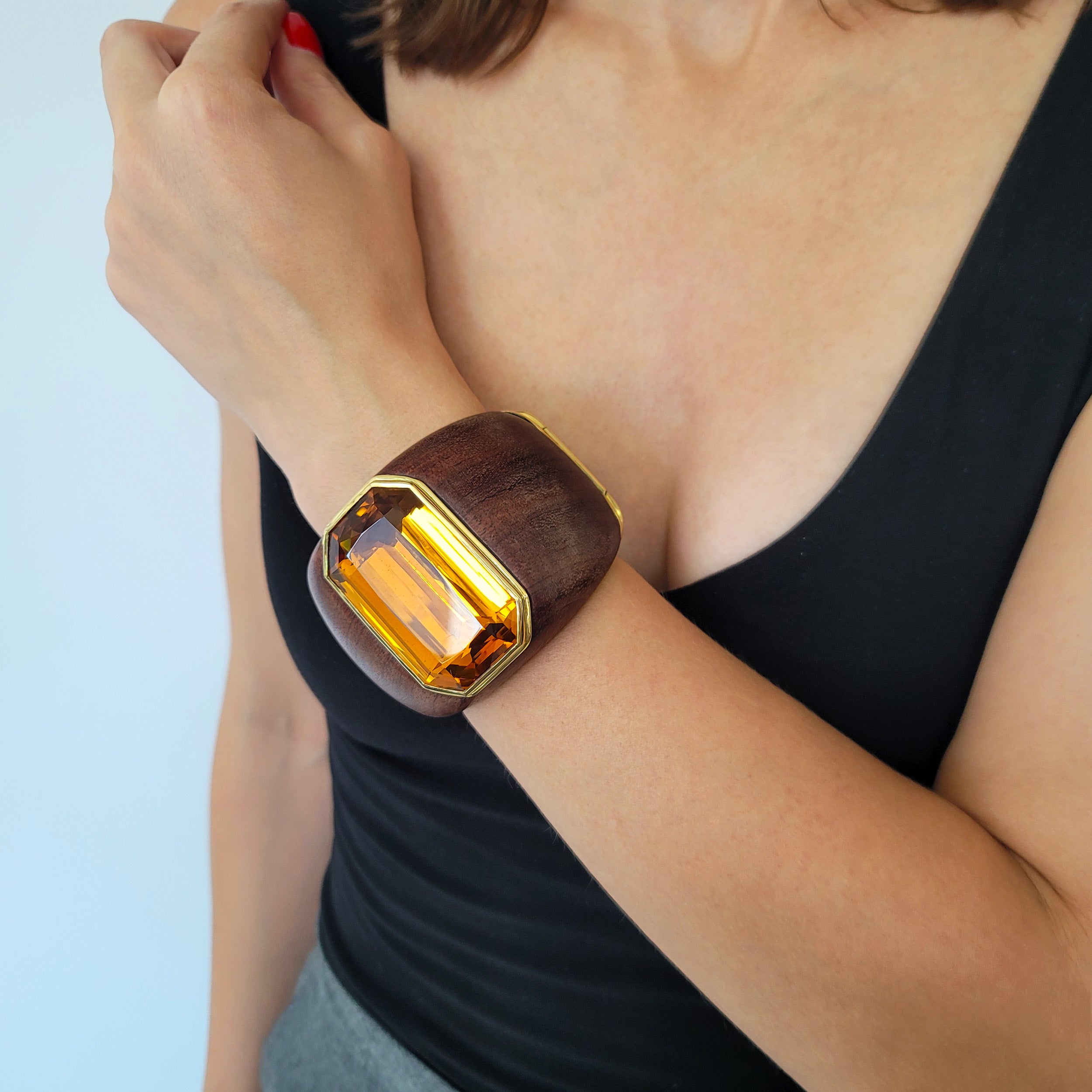 Citrine And 18k Yellow Gold, Wooden Wide Cuff Bracelet