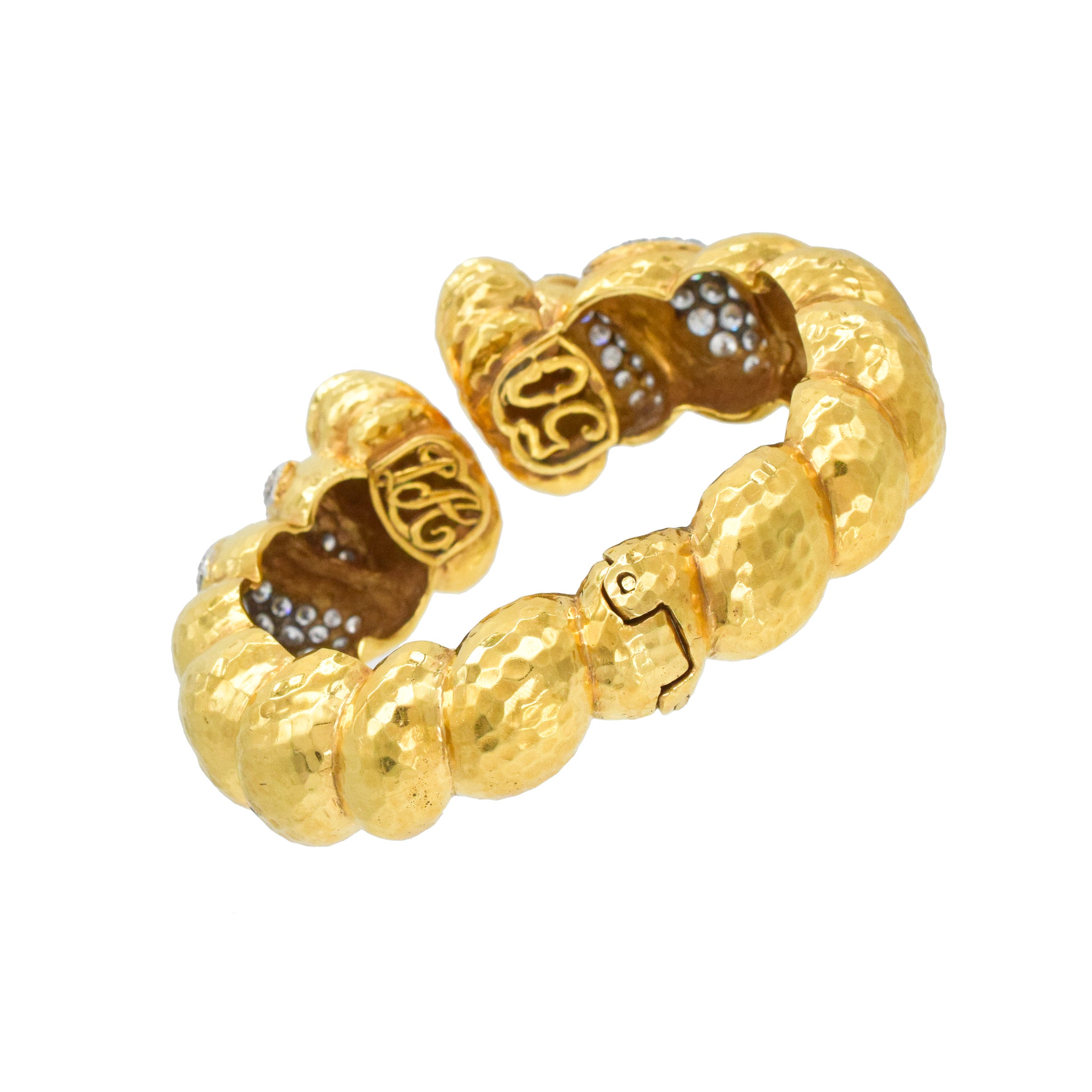 Hammered 18k Yellow Gold And Diamond Cuff Bracelet In 18k Yellow Gold