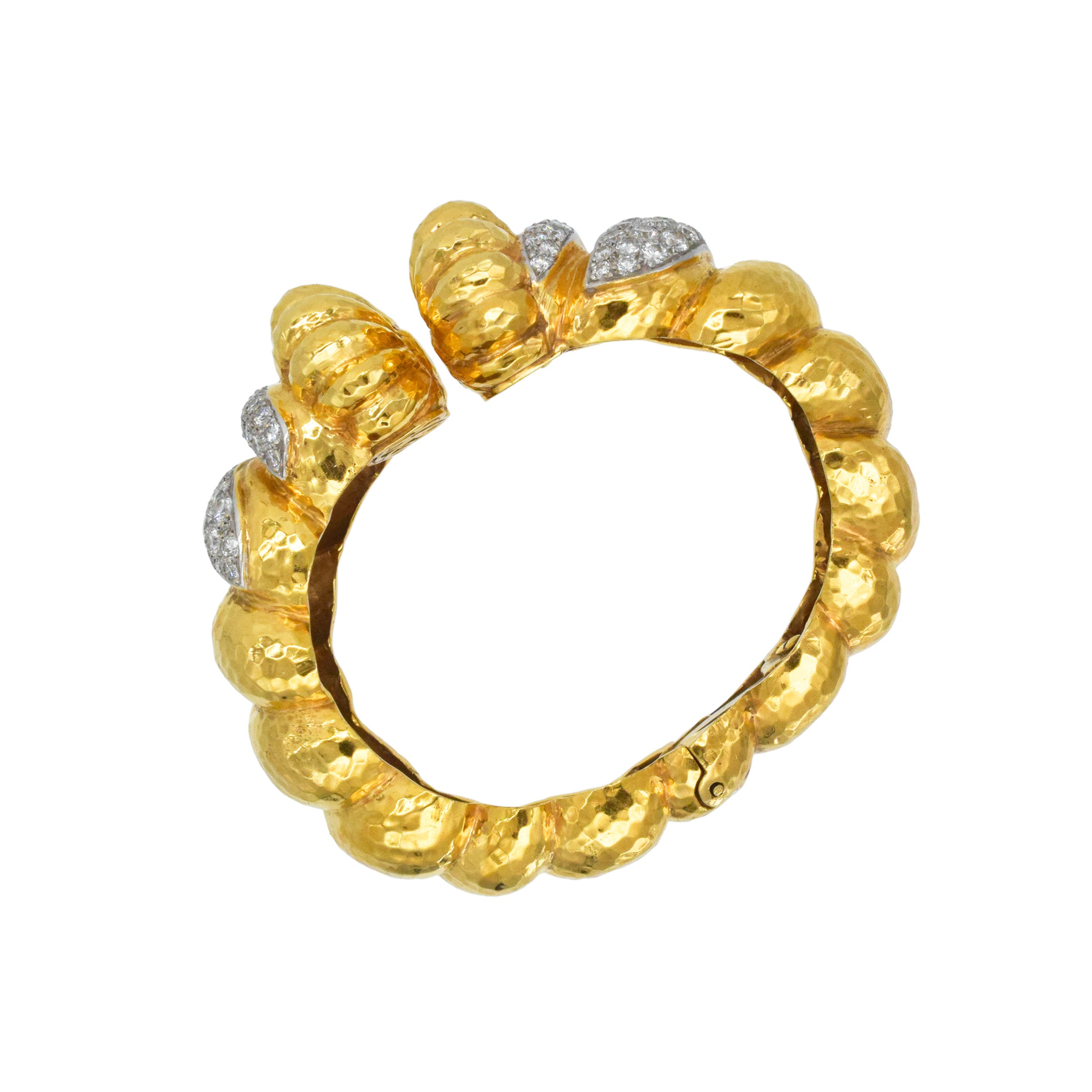 Hammered 18k Yellow Gold And Diamond Cuff Bracelet In 18k Yellow Gold