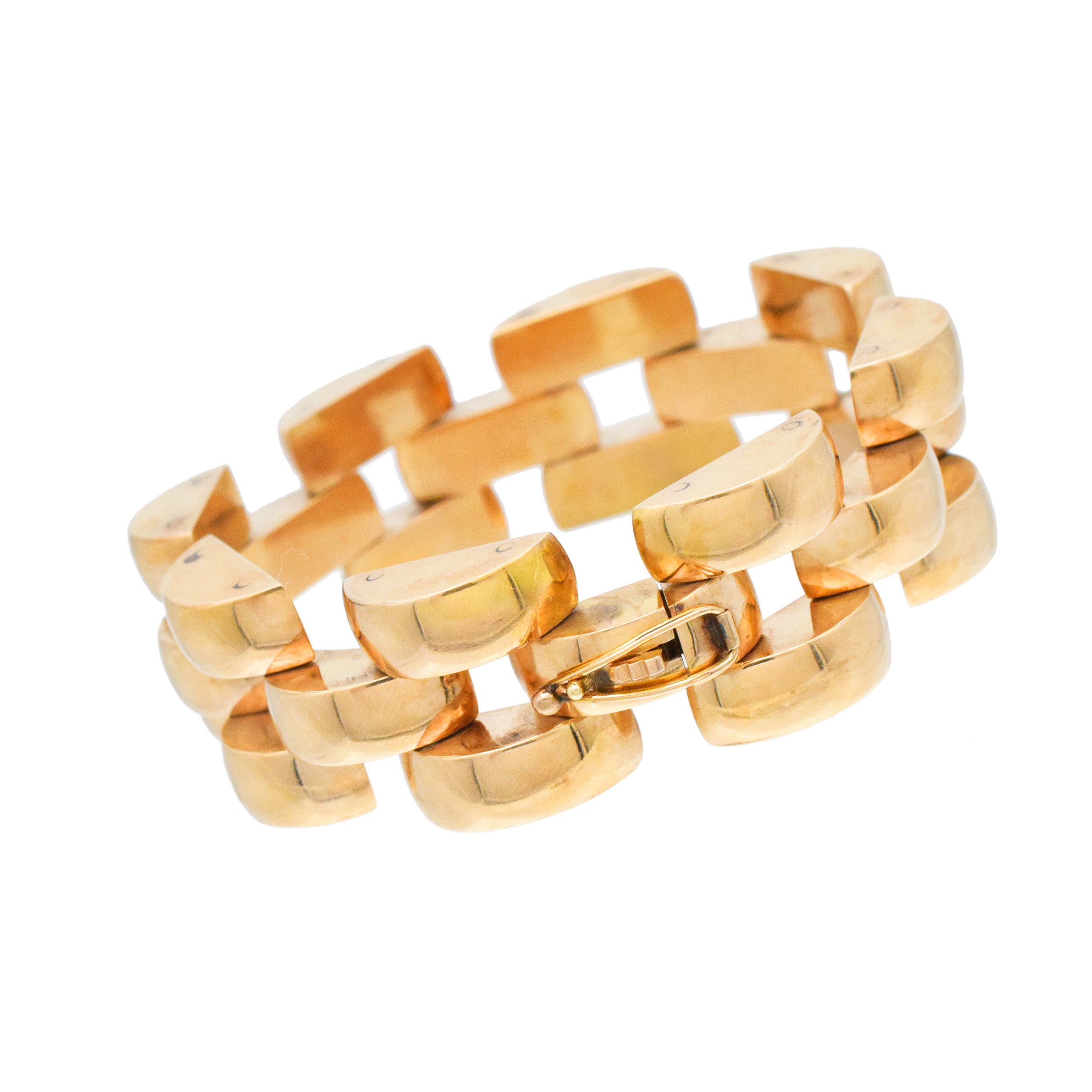 Three Row Large Panther Link Style Bracelet In 14k Yellow Gold