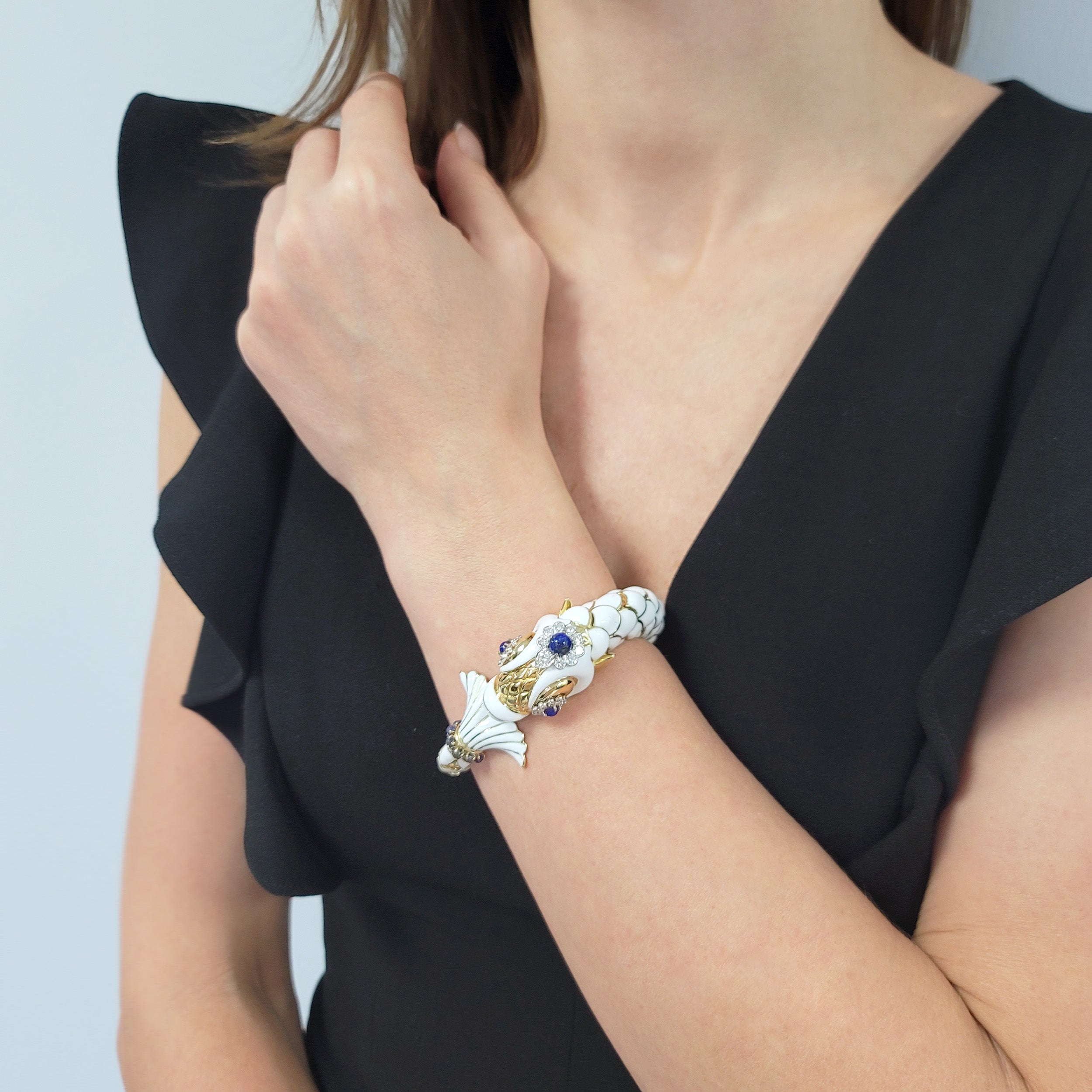 David Webb White Enamel, Diamond And Lapis Fish Bracelet In 18k Yellow Gold And Platinum