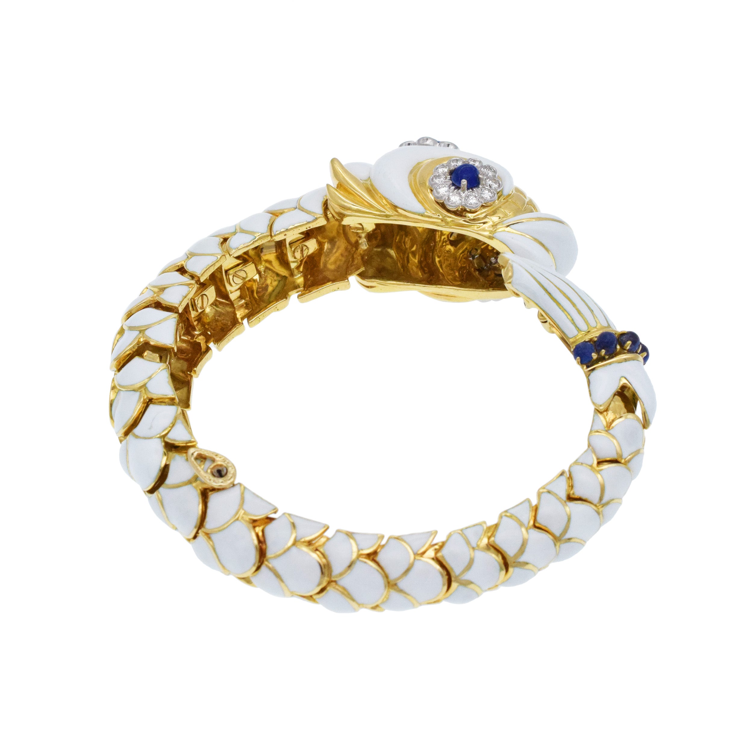 David Webb White Enamel, Diamond And Lapis Fish Bracelet In 18k Yellow Gold And Platinum