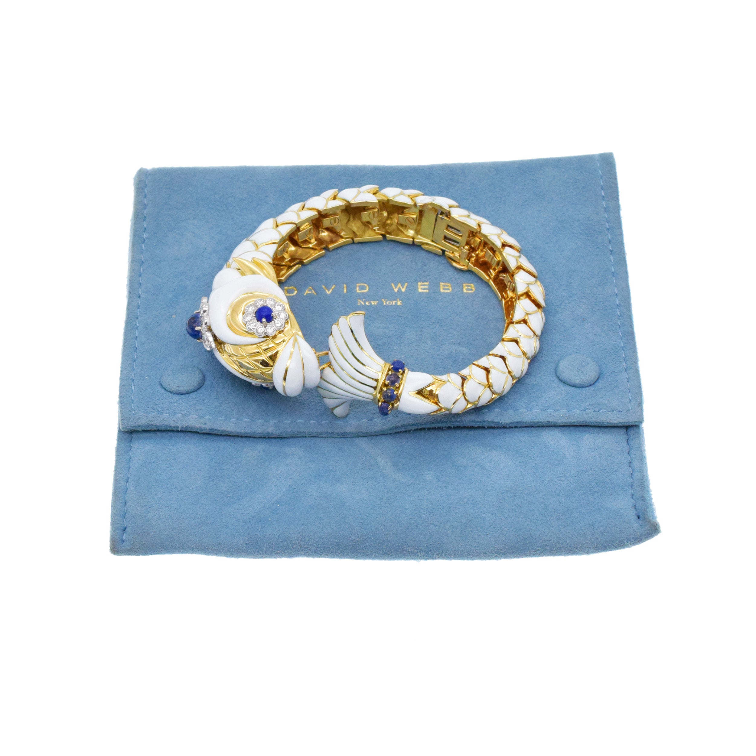 David Webb White Enamel, Diamond And Lapis Fish Bracelet In 18k Yellow Gold And Platinum