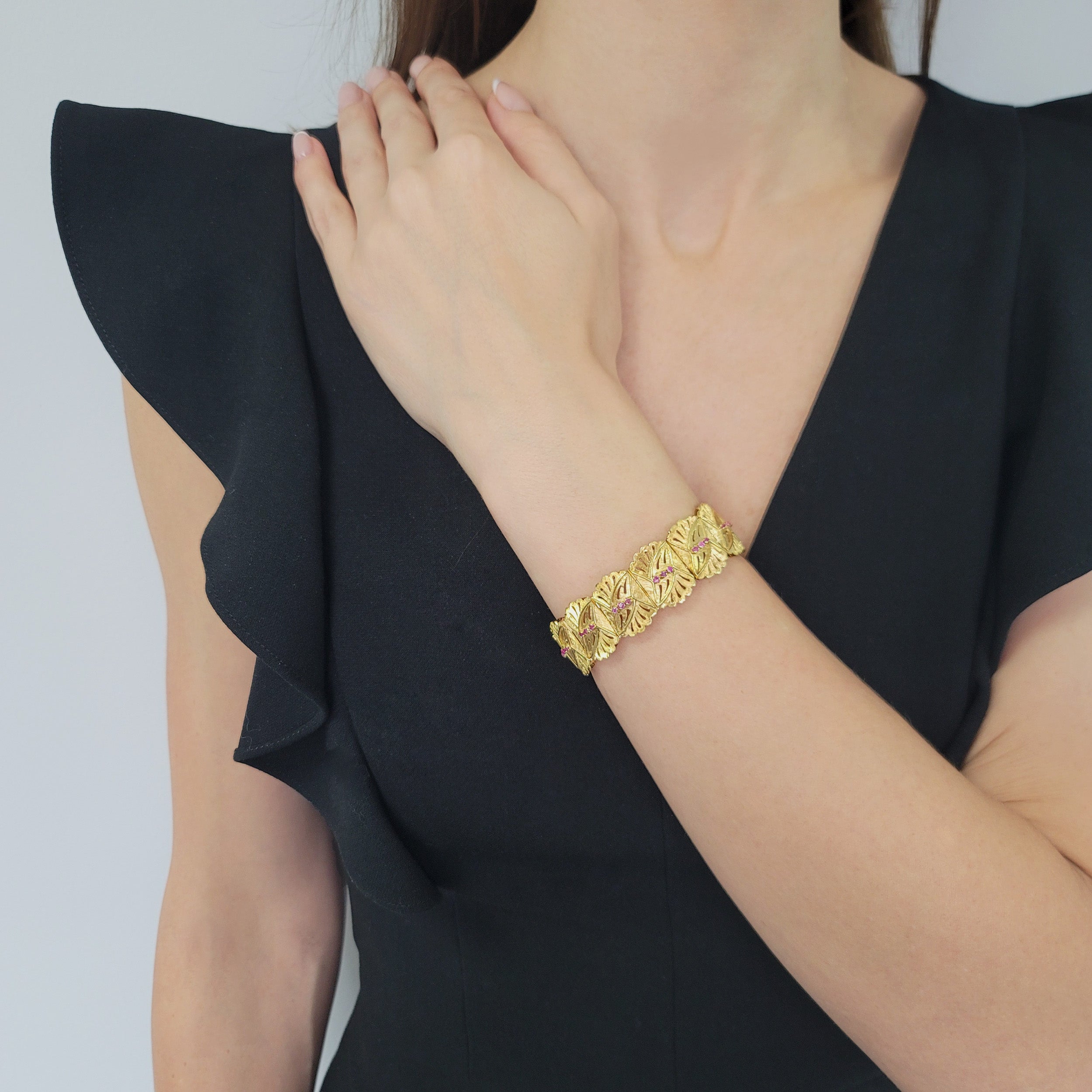 Ruby Foliage Motif Bracelet In 18k Yellow Gold