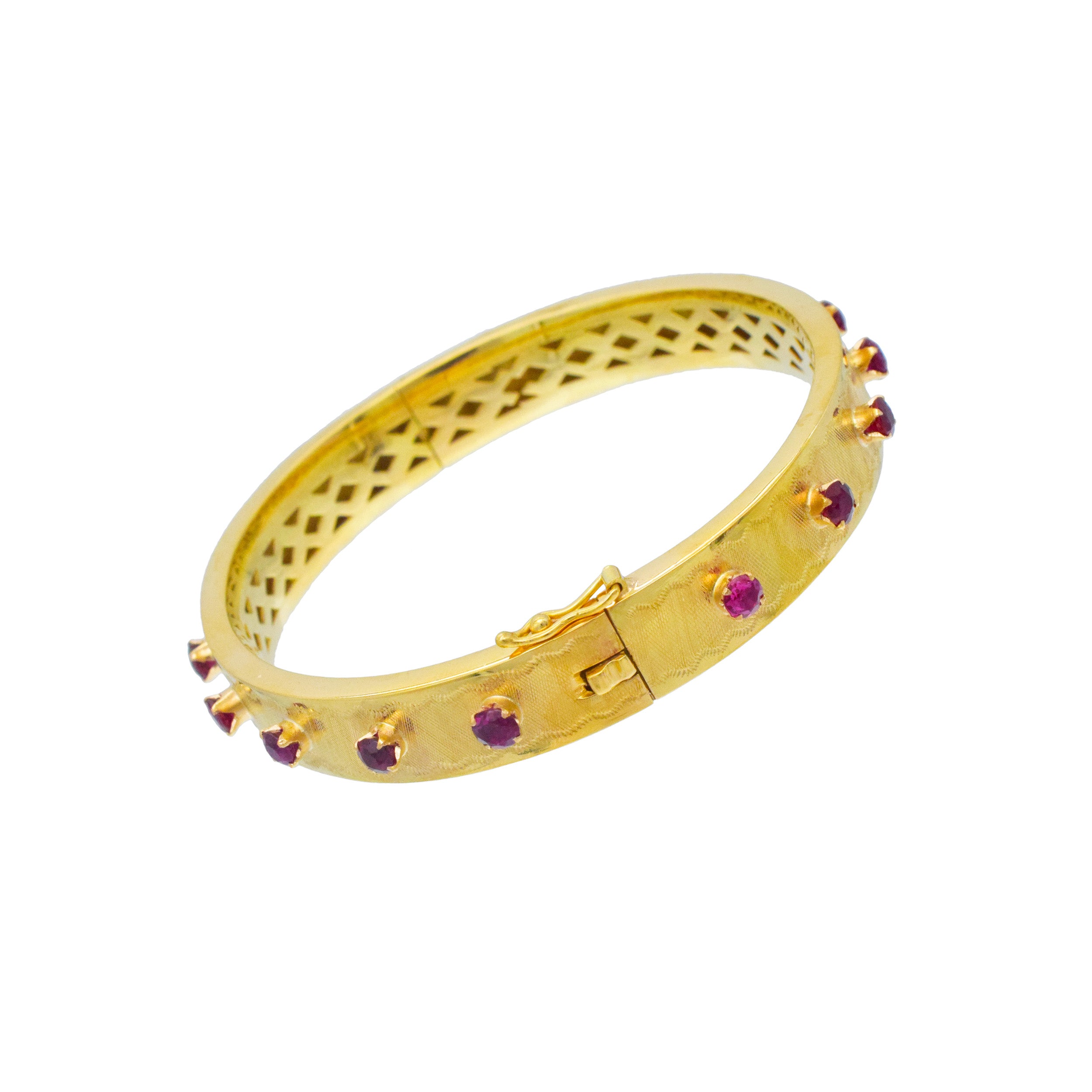 18k Yellow Gold And Ruby Hinged Bangle Bracelet