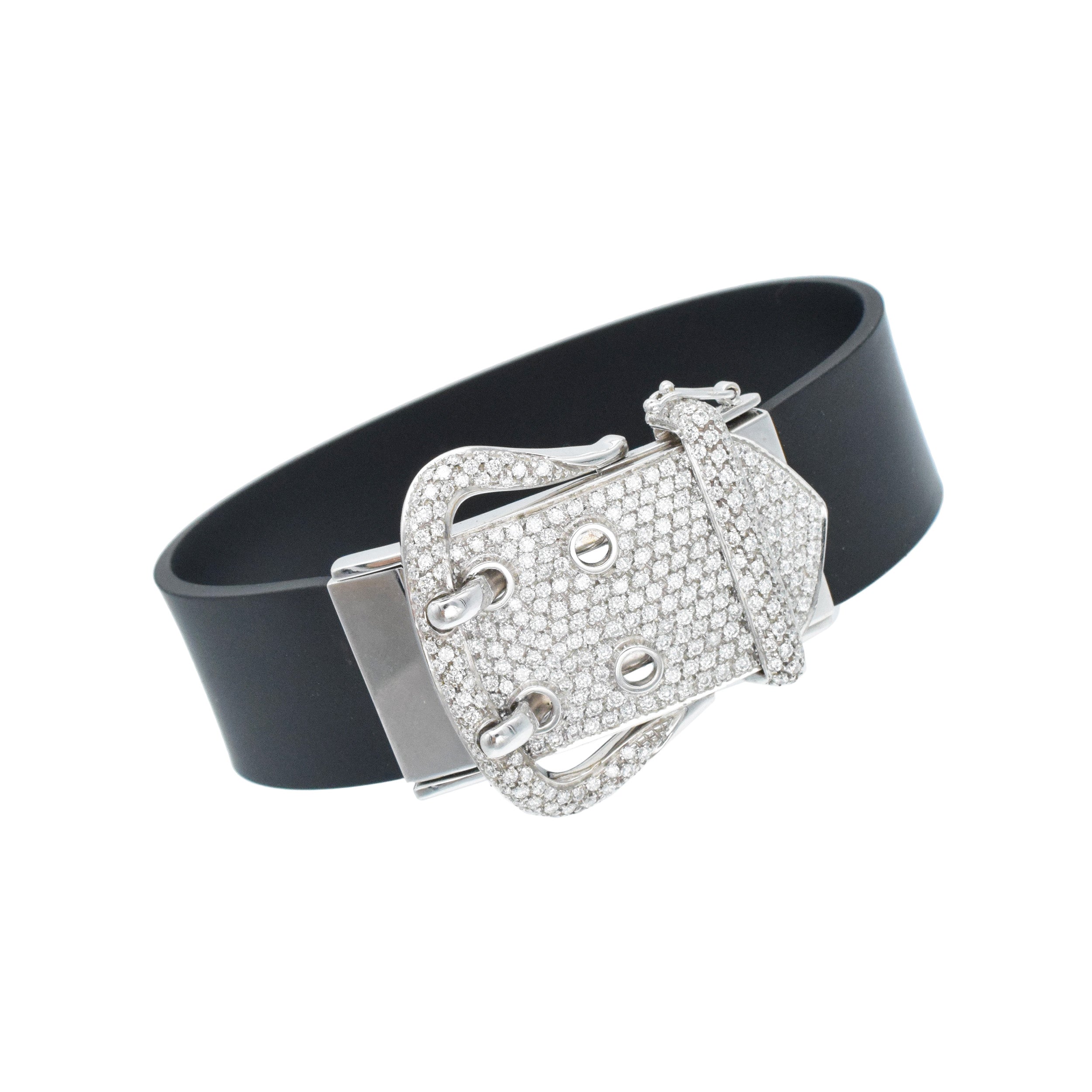 Hans D. Krieger Diamond Buckle Bracelet in 18k White Gold & black rubber