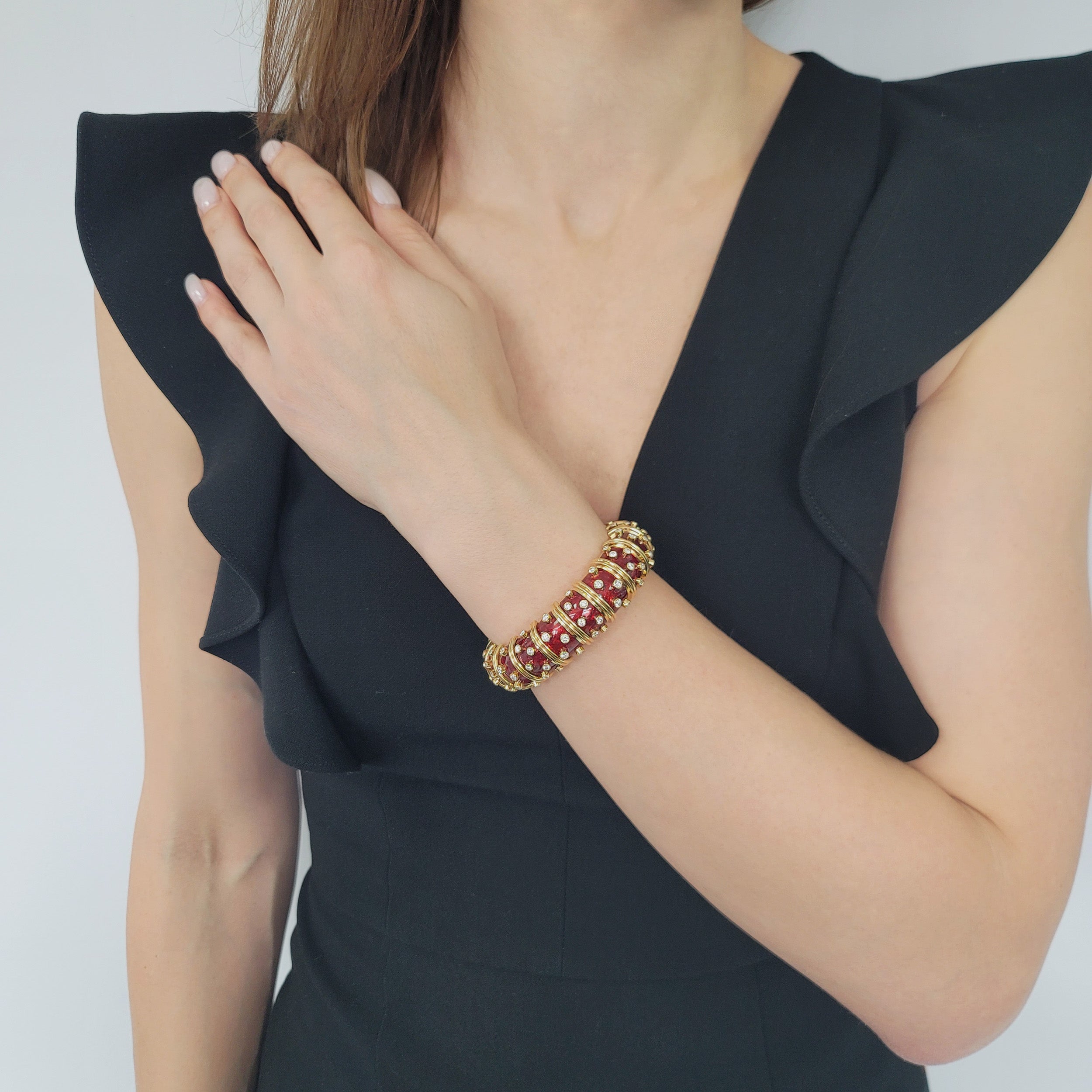 Tiffany & Co. Schlumberger Diamond And Red Enamel Bangle In 18k Yellow Gold