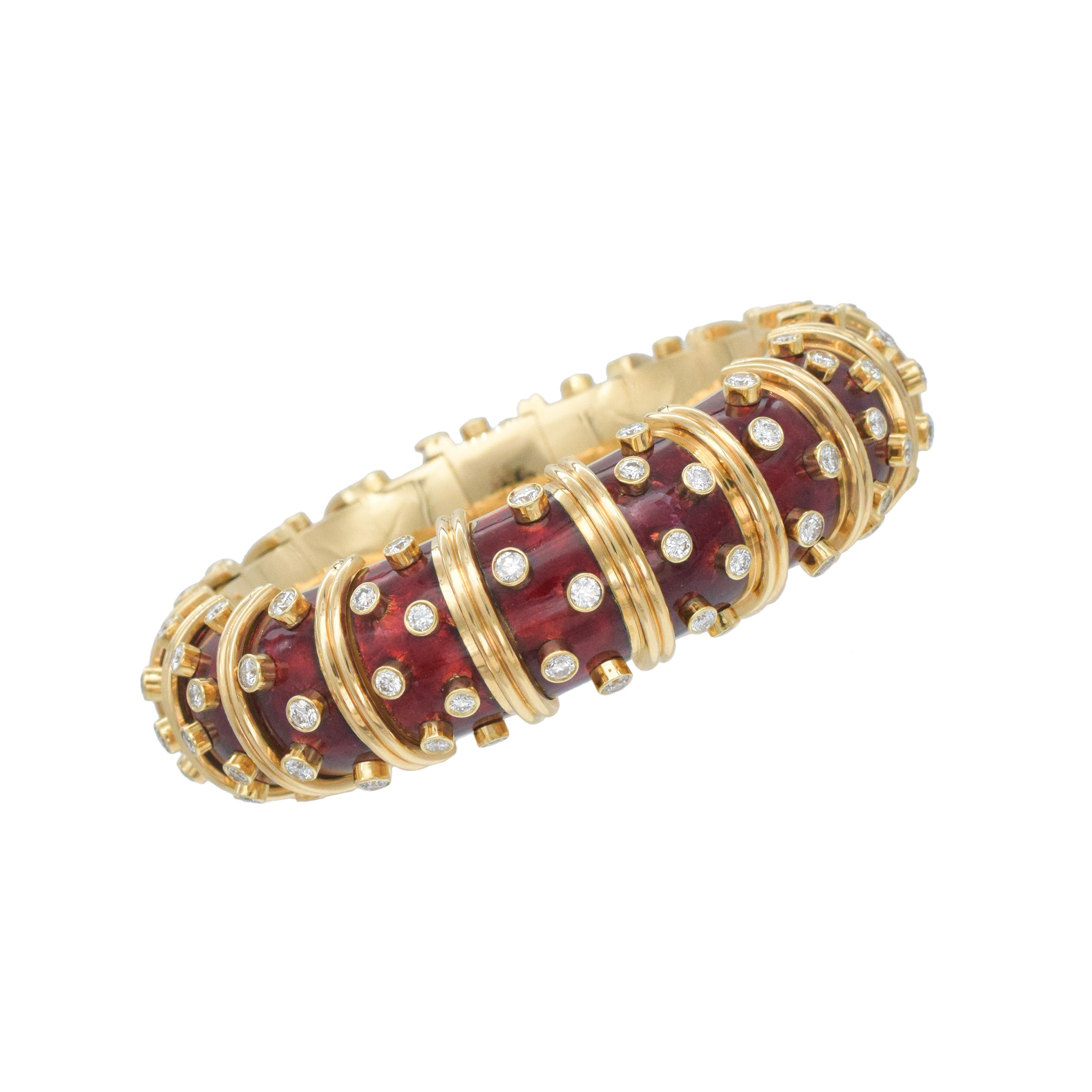 Tiffany & Co. Schlumberger Diamond And Red Enamel Bangle In 18k Yellow Gold