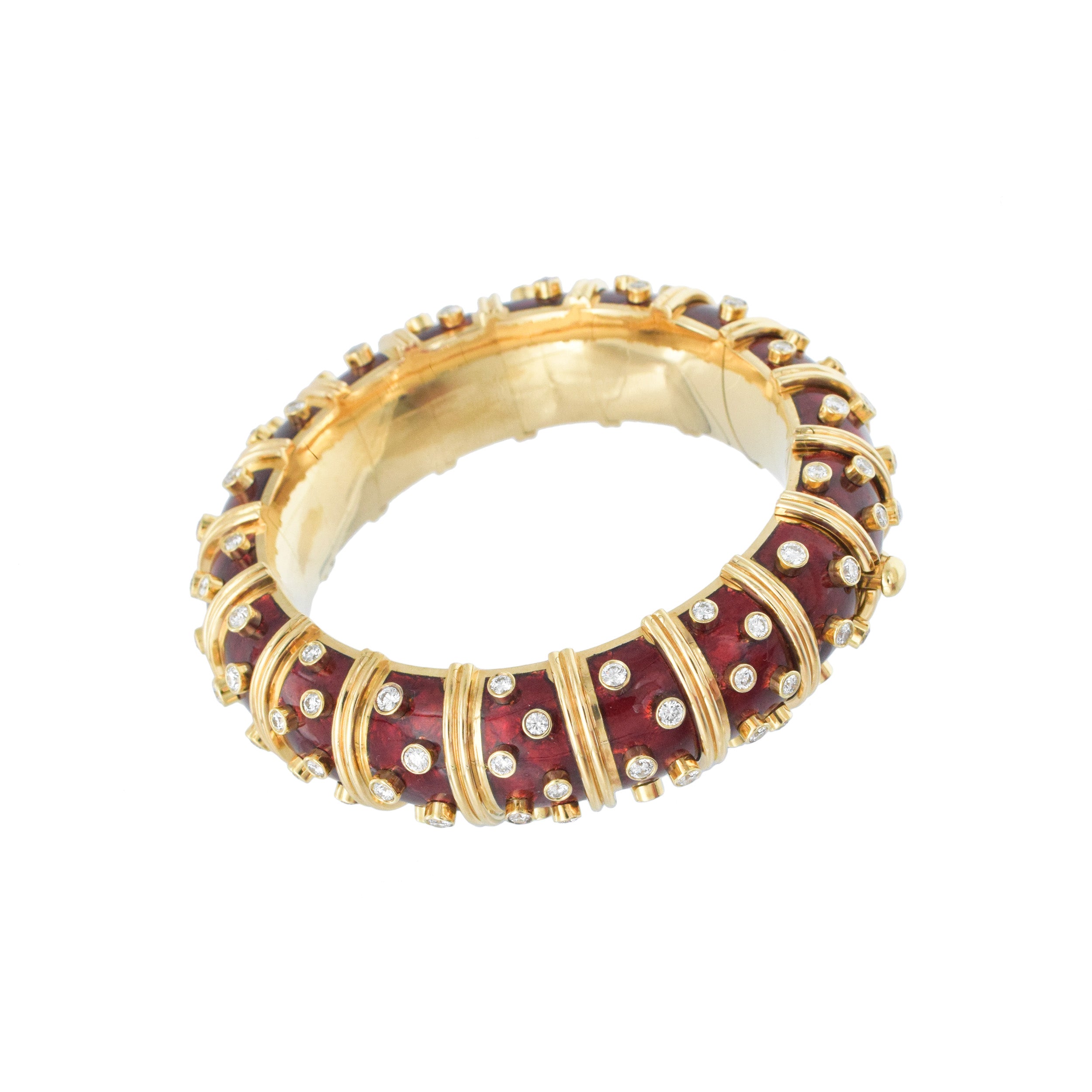 Tiffany & Co. Schlumberger Diamond And Red Enamel Bangle In 18k Yellow Gold