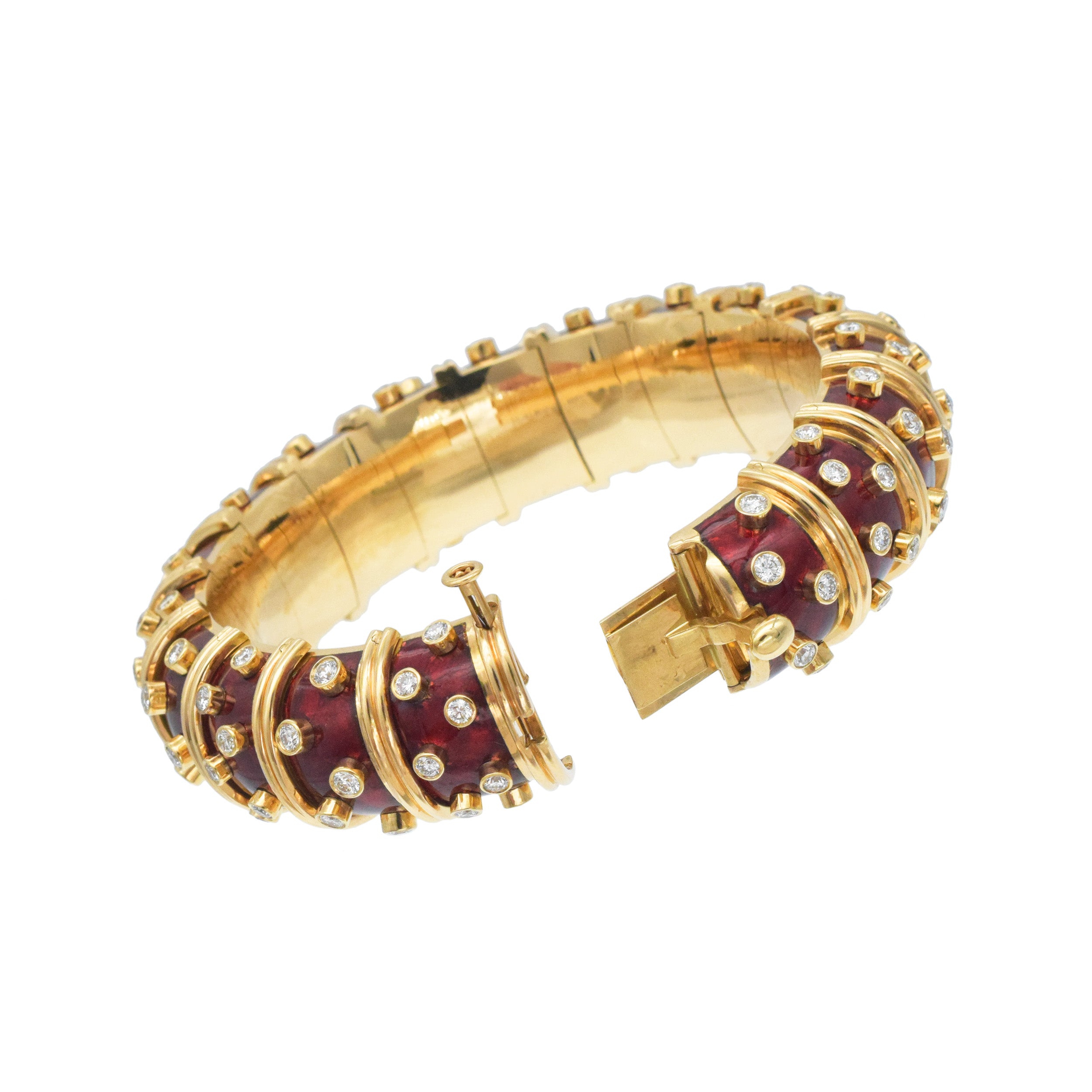 Tiffany & Co. Schlumberger Diamond And Red Enamel Bangle In 18k Yellow Gold