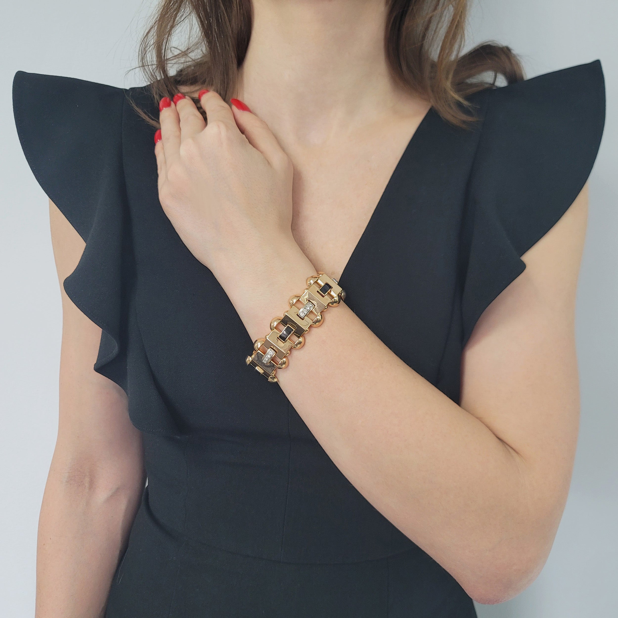Retro Diamond And Onyx Statement Bracelet In 18k Rose Gold