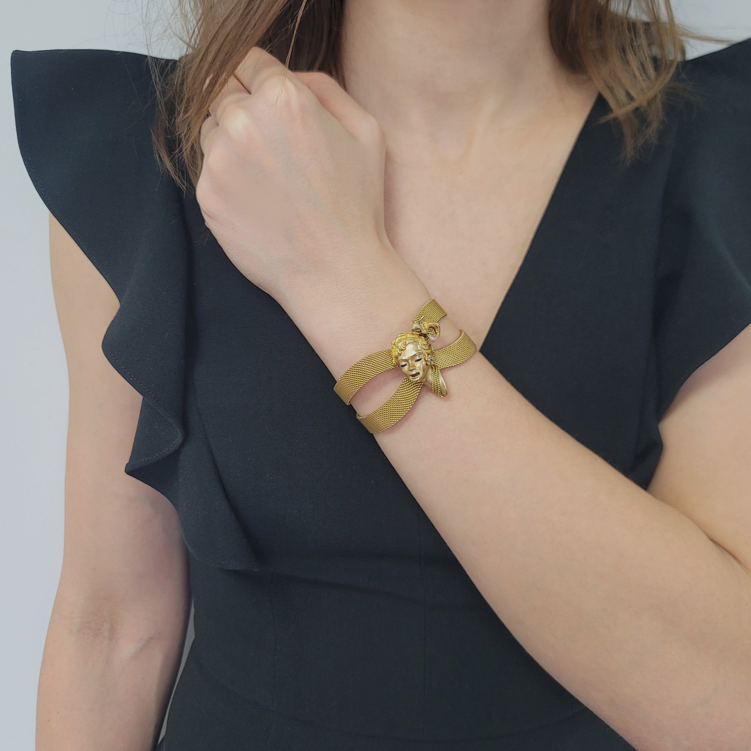 18k Yellow Gold And Enamel 3D Lady Face Brooch / Bracelet Clip, With Mesh Split Bracelet In 18k Yellow Gold