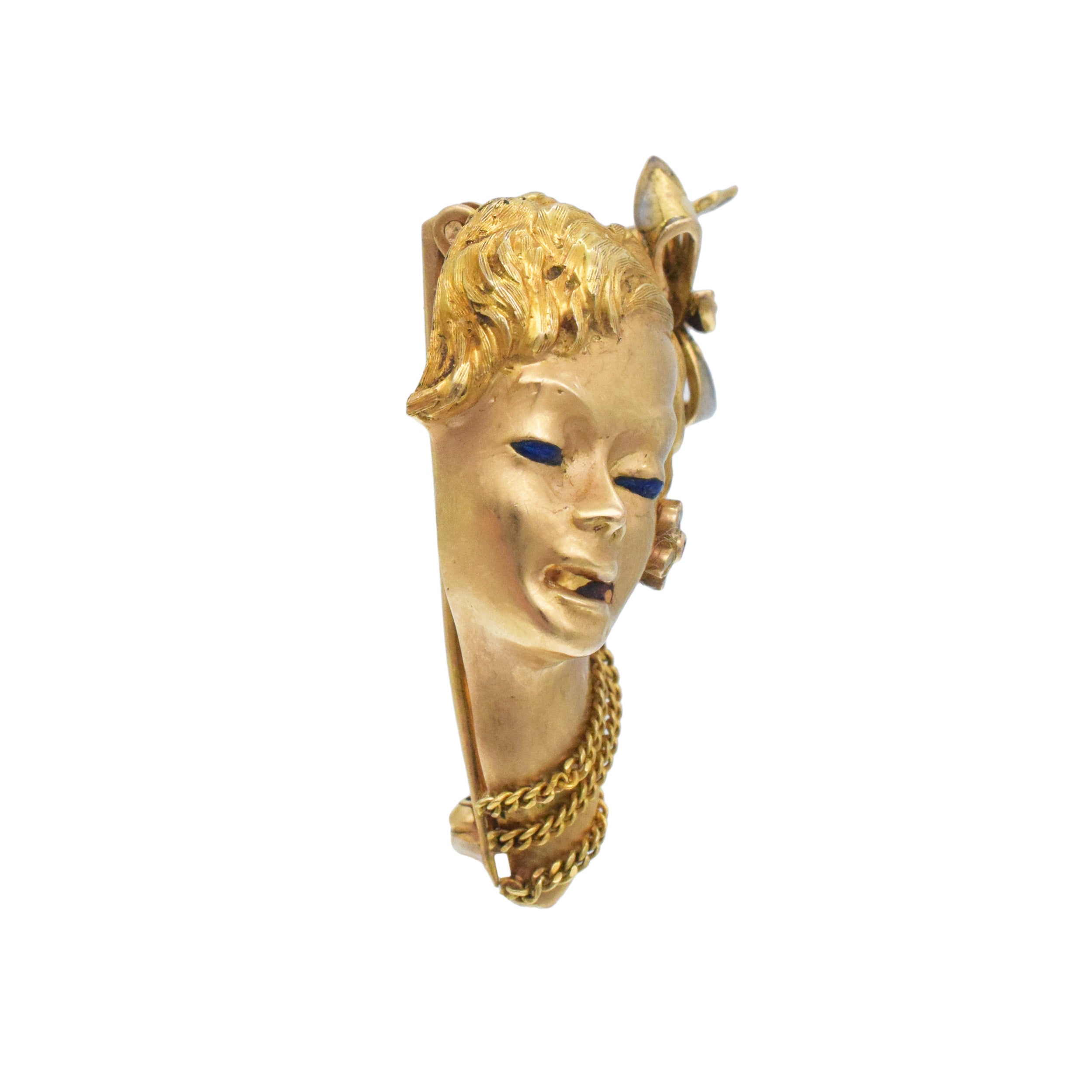 18k Yellow Gold And Enamel 3D Lady Face Brooch / Bracelet Clip, With Mesh Split Bracelet In 18k Yellow Gold