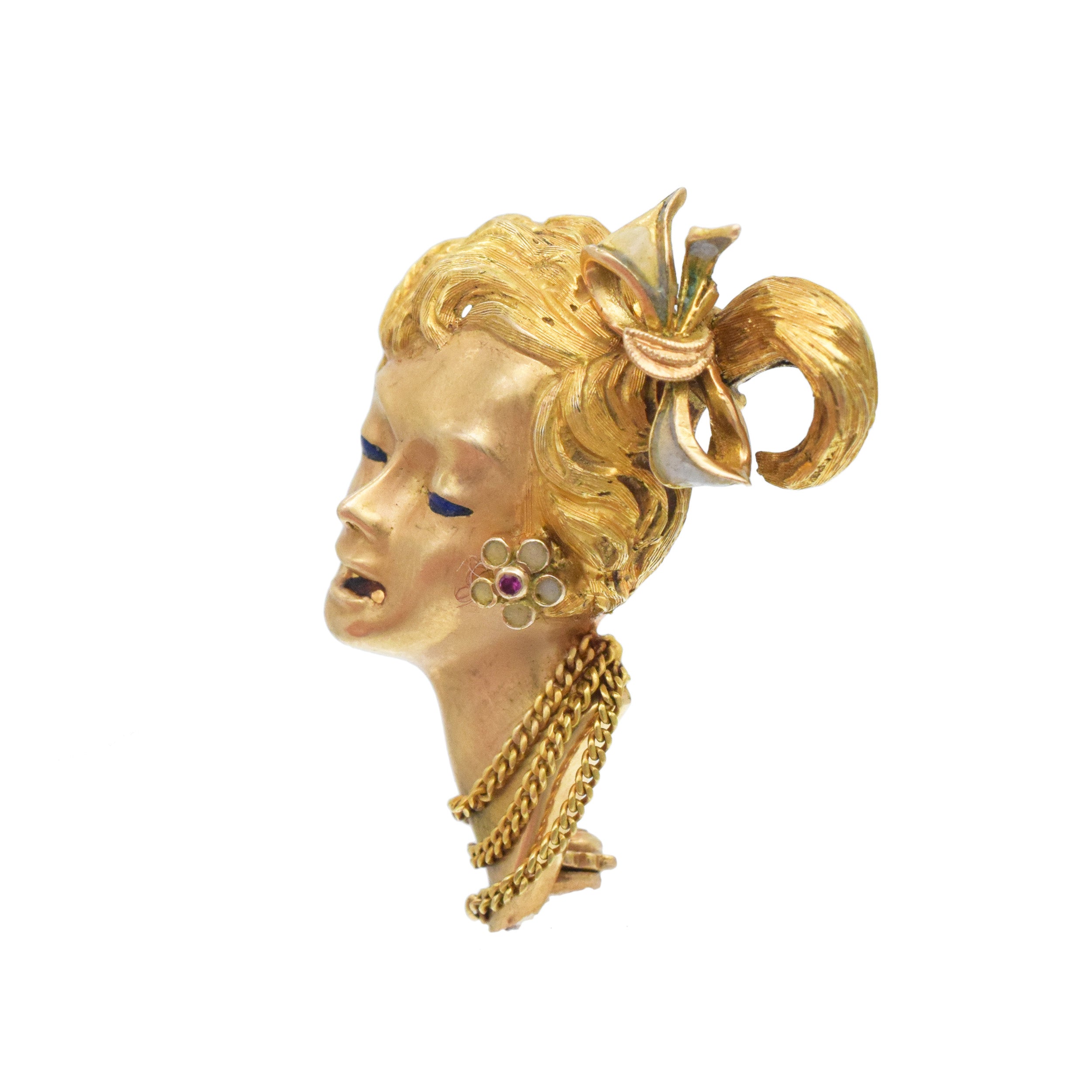 18k Yellow Gold And Enamel 3D Lady Face Brooch / Bracelet Clip, With Mesh Split Bracelet In 18k Yellow Gold