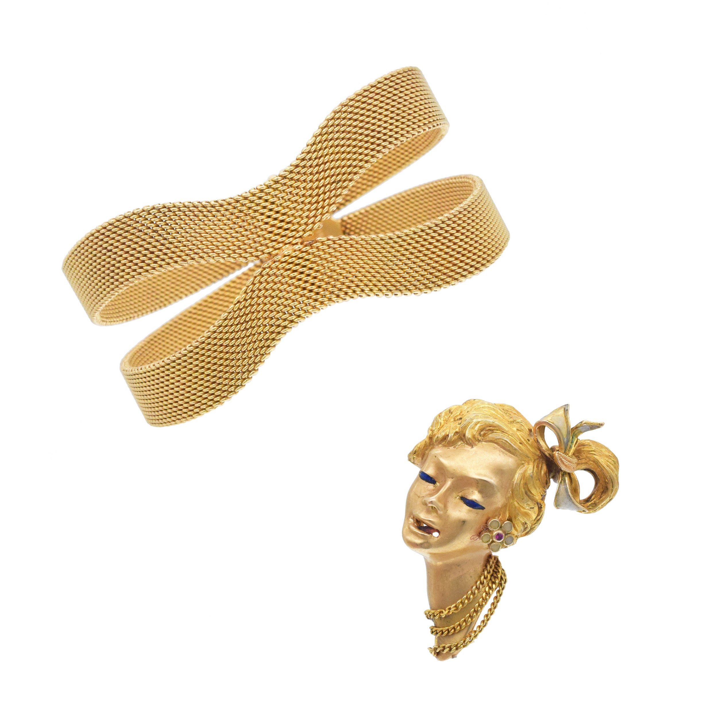 18k Yellow Gold And Enamel 3D Lady Face Brooch / Bracelet Clip, With Mesh Split Bracelet In 18k Yellow Gold