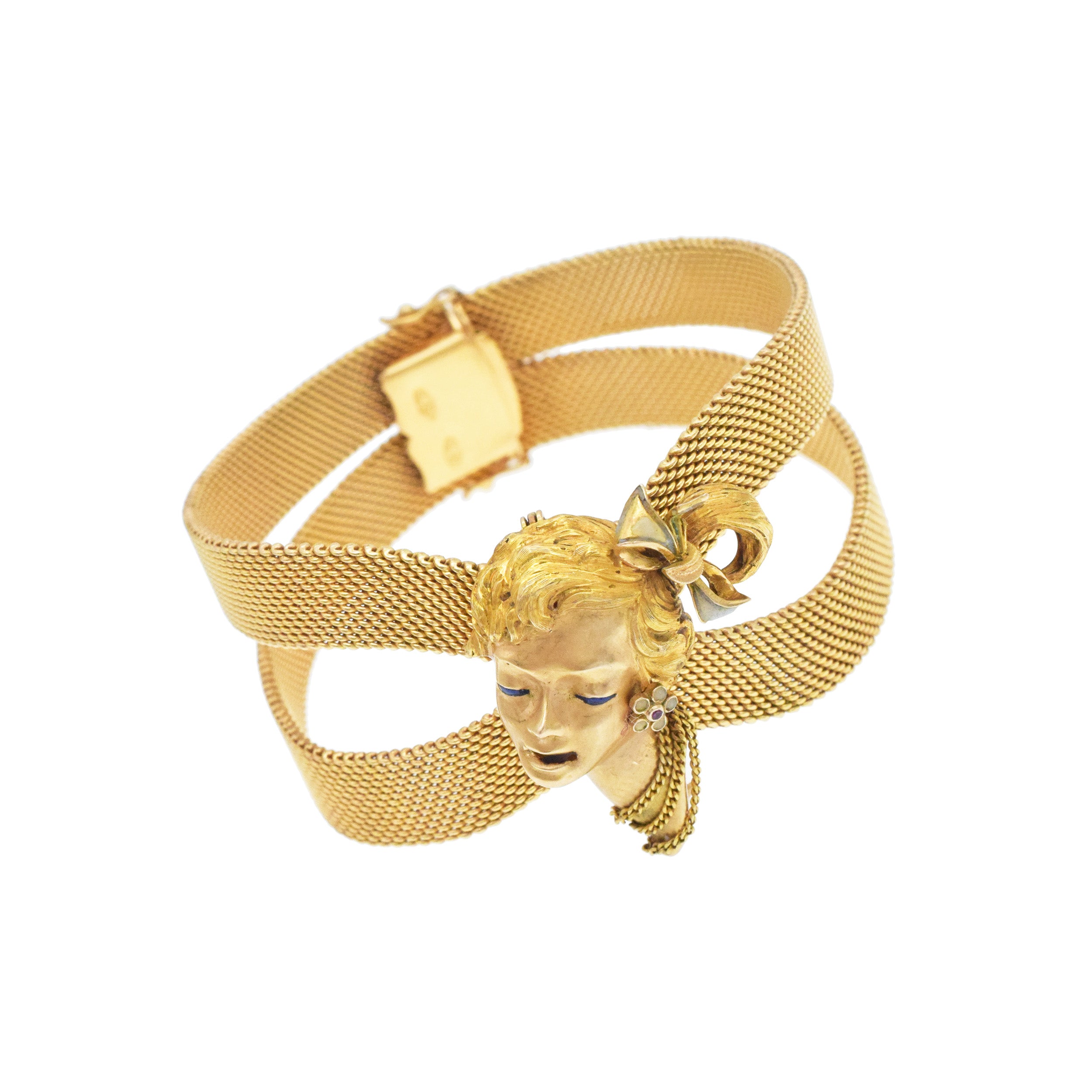 18k Yellow Gold And Enamel 3D Lady Face Brooch / Bracelet Clip, With Mesh Split Bracelet In 18k Yellow Gold