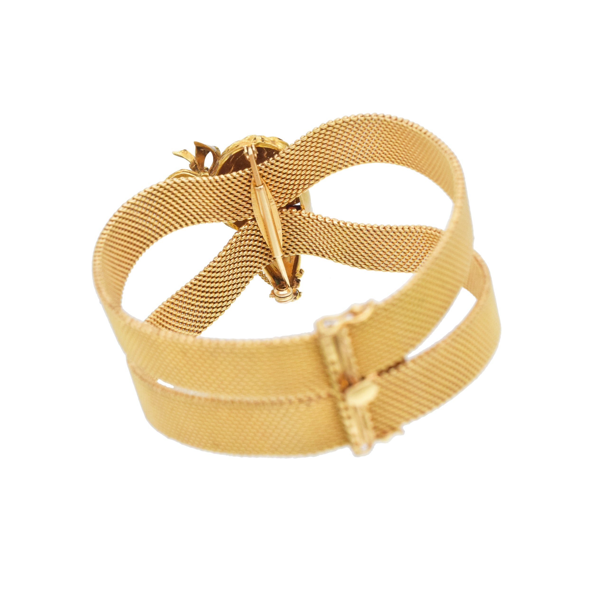 18k Yellow Gold And Enamel 3D Lady Face Brooch / Bracelet Clip, With Mesh Split Bracelet In 18k Yellow Gold