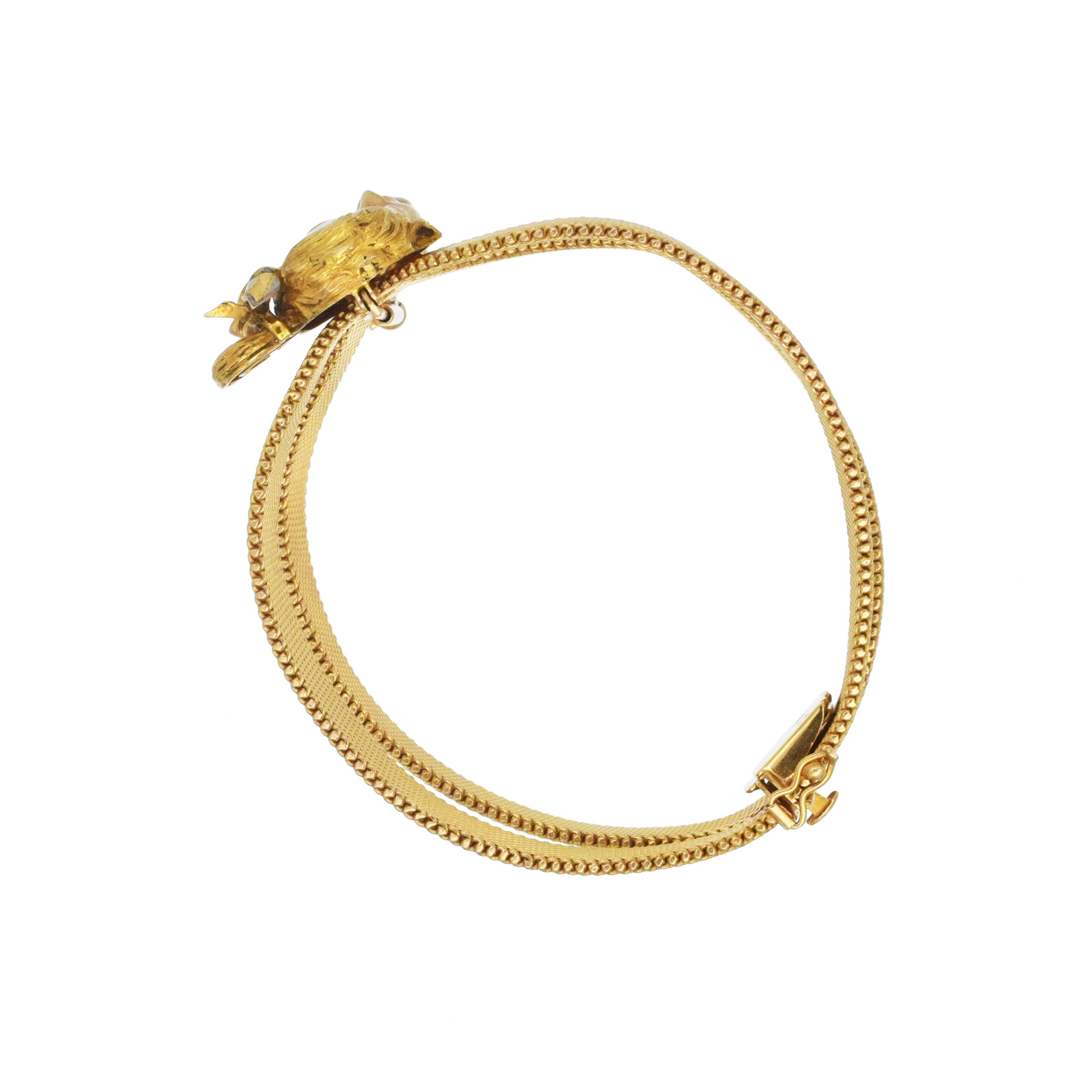18k Yellow Gold And Enamel 3D Lady Face Brooch / Bracelet Clip, With Mesh Split Bracelet In 18k Yellow Gold