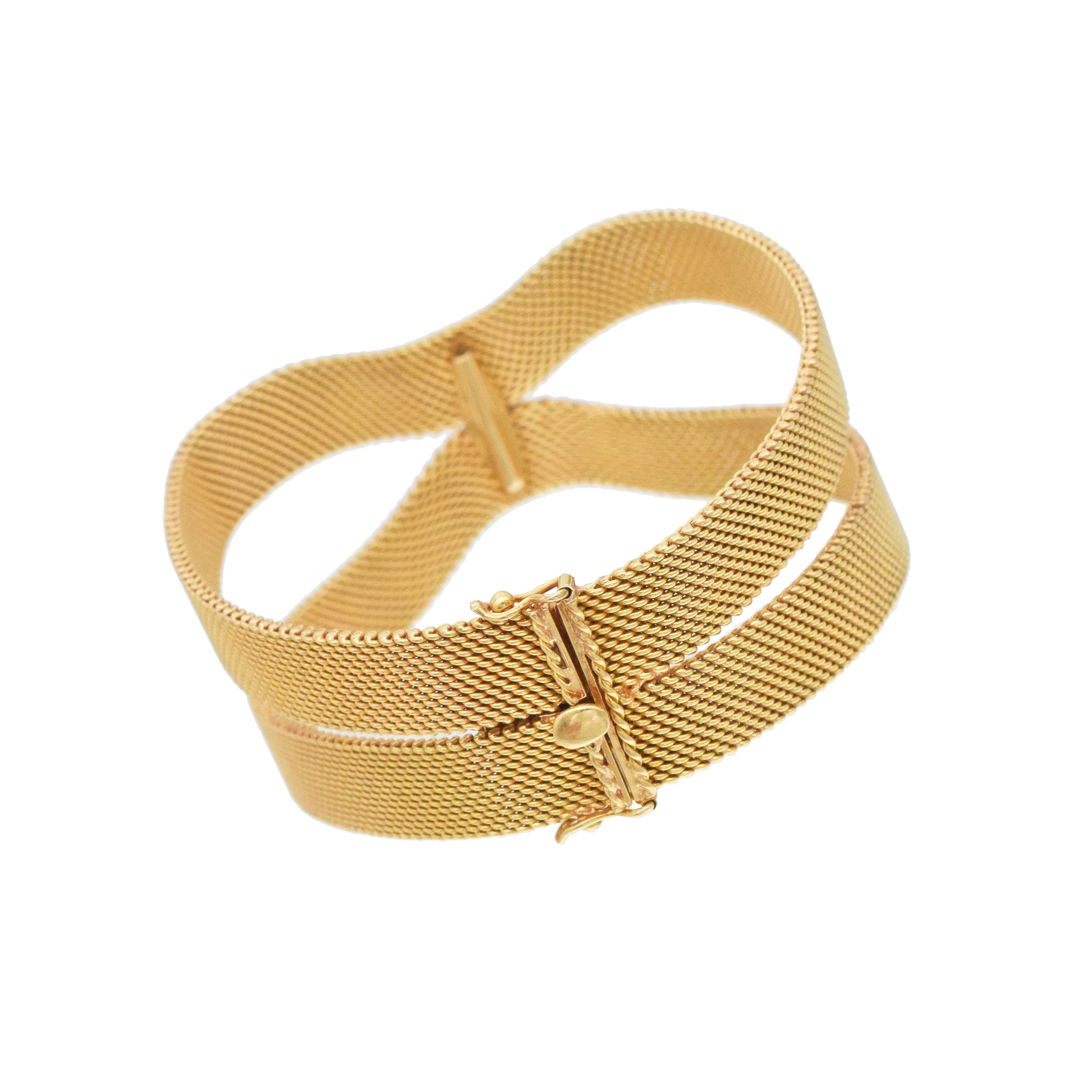 18k Yellow Gold And Enamel 3D Lady Face Brooch / Bracelet Clip, With Mesh Split Bracelet In 18k Yellow Gold
