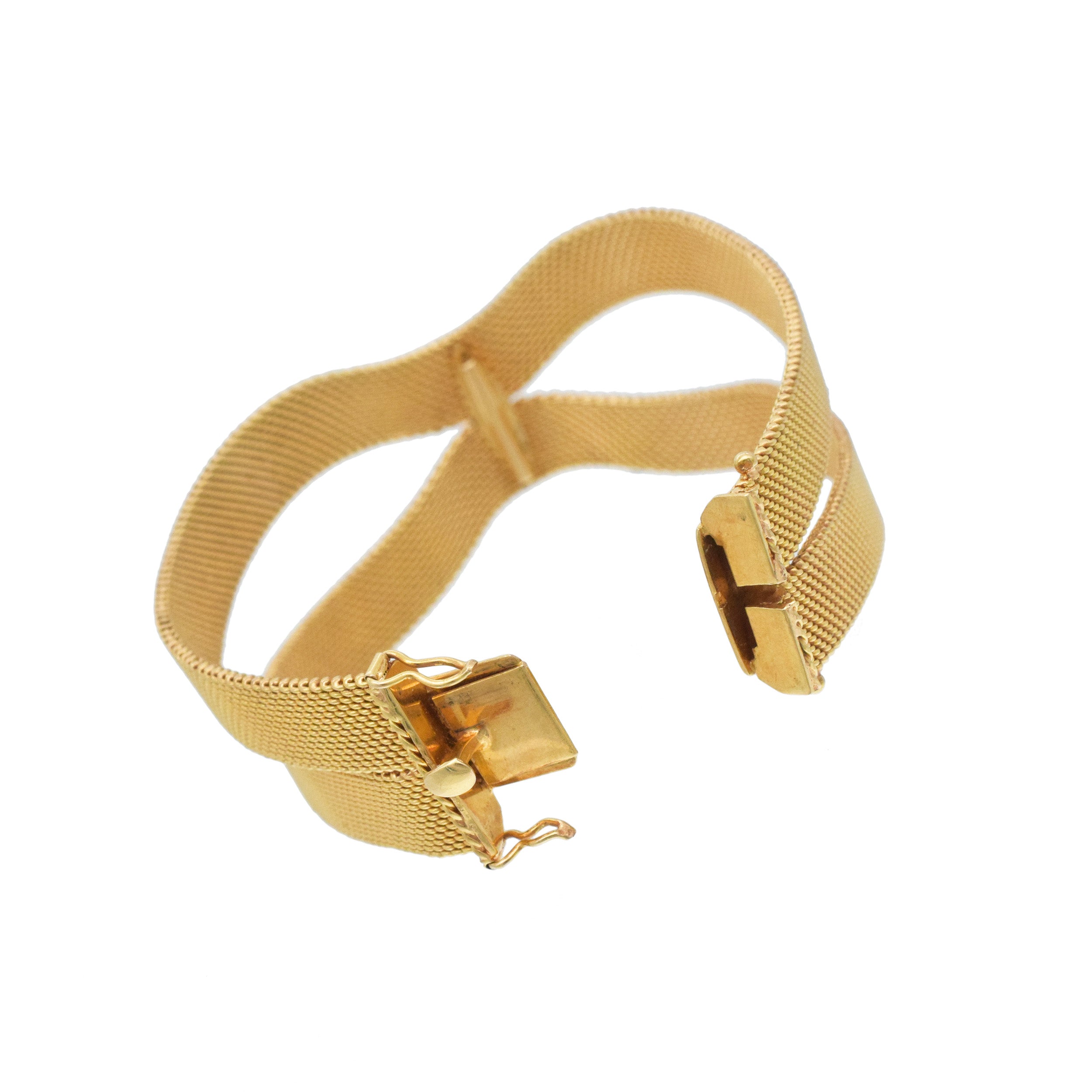 18k Yellow Gold And Enamel 3D Lady Face Brooch / Bracelet Clip, With Mesh Split Bracelet In 18k Yellow Gold
